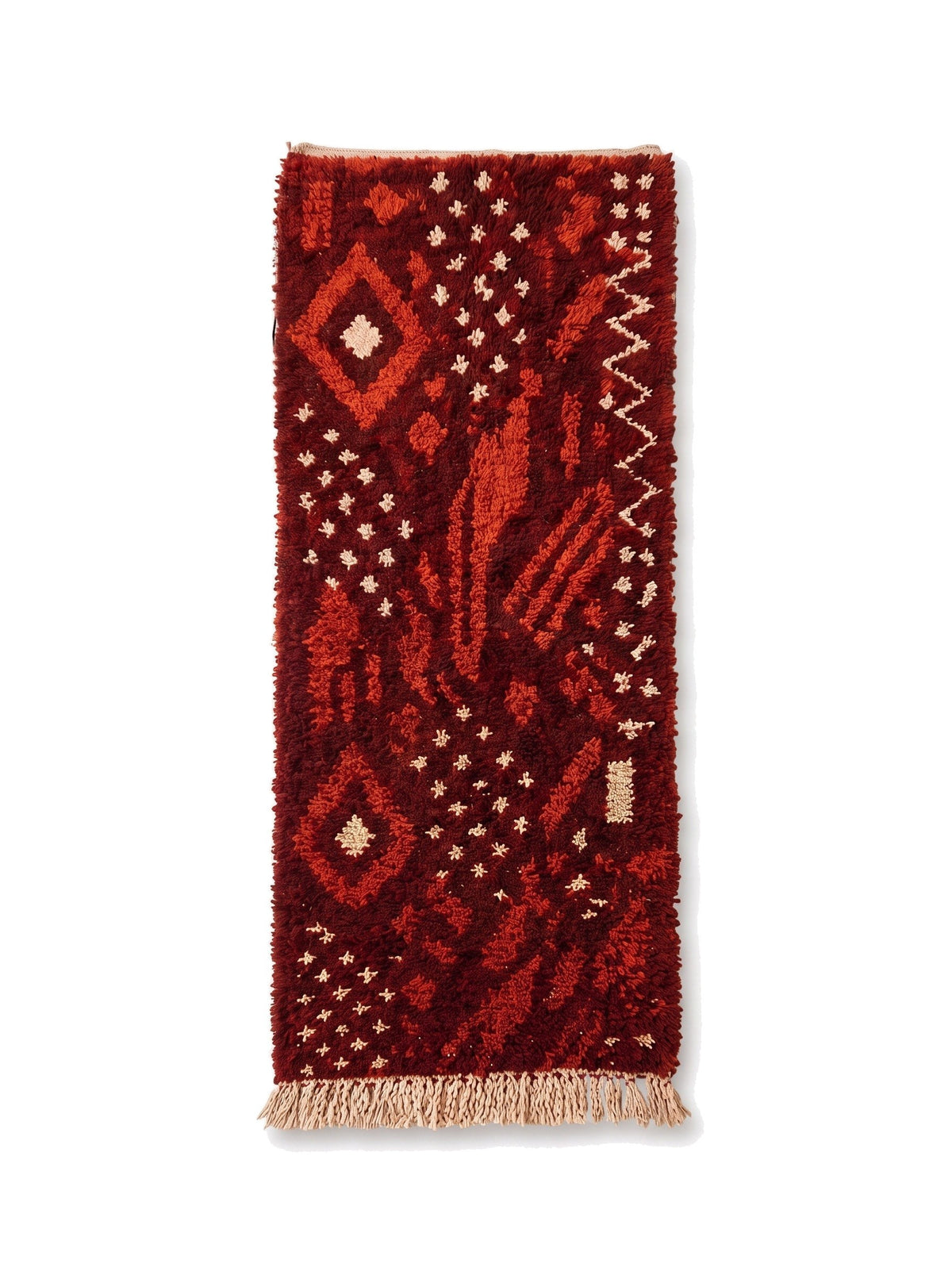 Tapis de couloir berbère style Boujad bordeaux Khenifra vu à plat, couloir bordeaux, en haut à gauche un losange orange