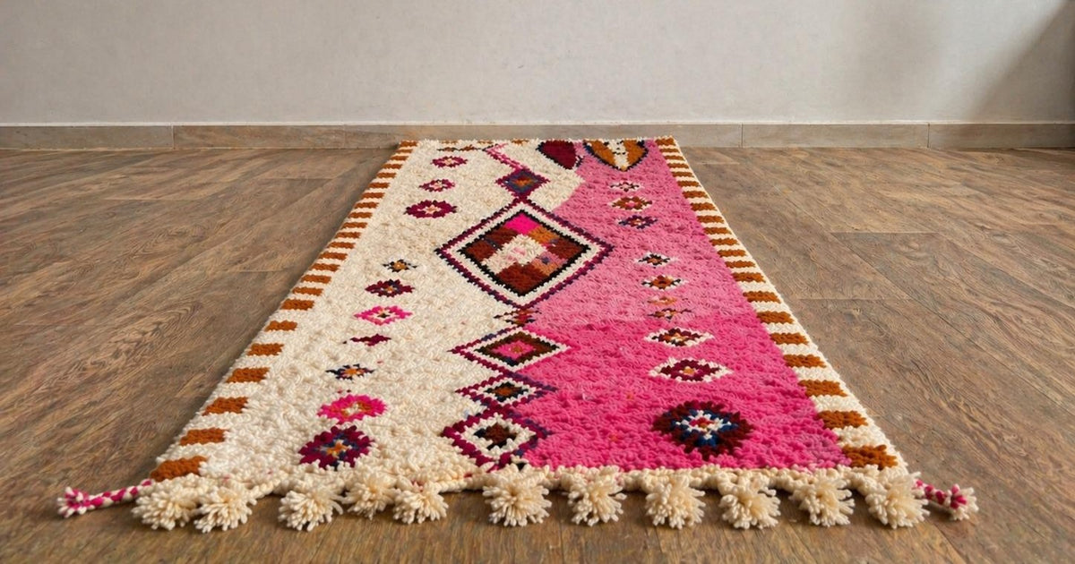 Tapis de couloir berbère style Boujad rose et blanc Mazigh posé au sol vu en biais, noué main au Maroc