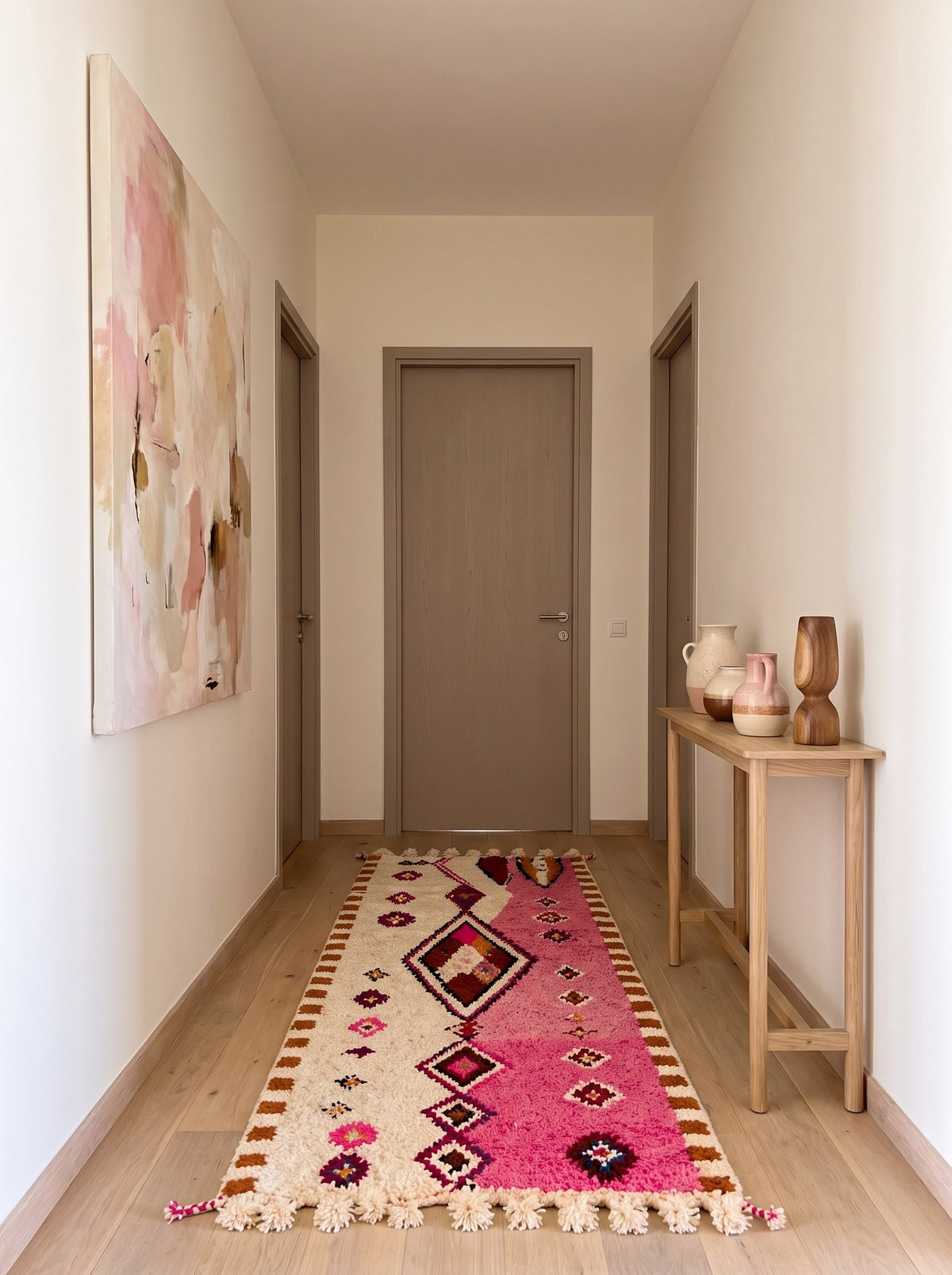 Tapis de couloir berbère style Boujad rose et blanc Mazigh dans un autre couloir, noué main au Maroc