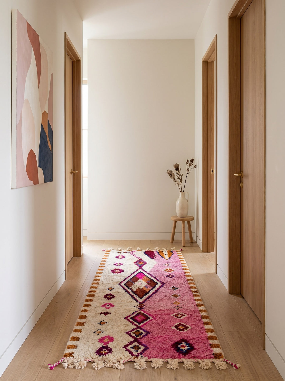 Tapis de couloir berbère style Boujad rose et blanc Mazigh dans un troisième couloir, noué main au Maroc