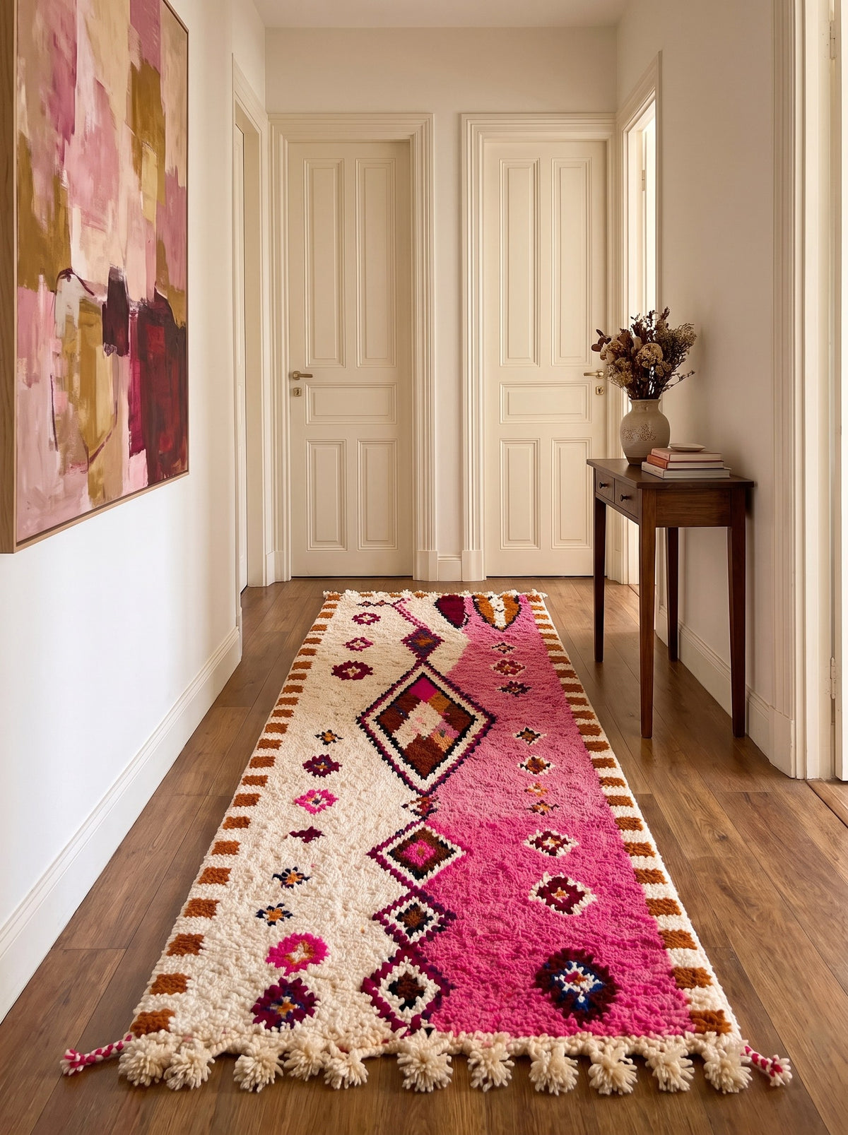 Tapis de couloir berbère style Boujad rose et blanc Mazigh dans un couloir, noué main au Maroc