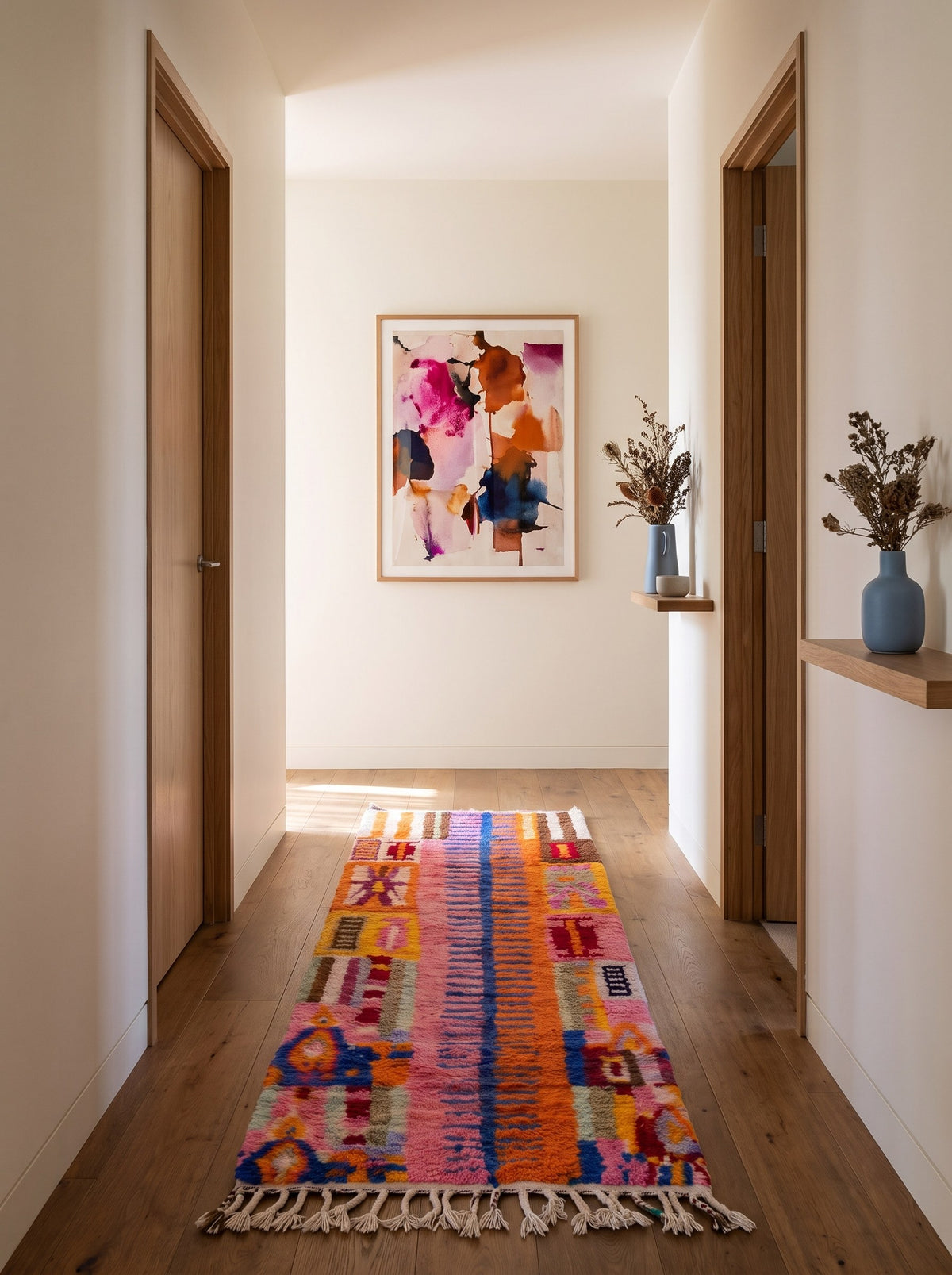 Tapis de couloir berbère style Boujad rose et orange Amizmiz dans un troisième couloir, noué main au Maroc