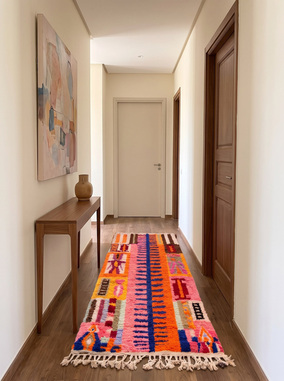 Tapis de couloir berbère style Boujad rose et orange Amizmiz dans un couloir, noué main au Maroc