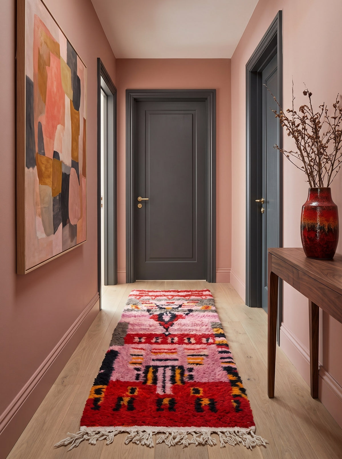Tapis de couloir berbère style Boujad rose et rouge Imilchil dans un troisième couloir, noué main au Maroc