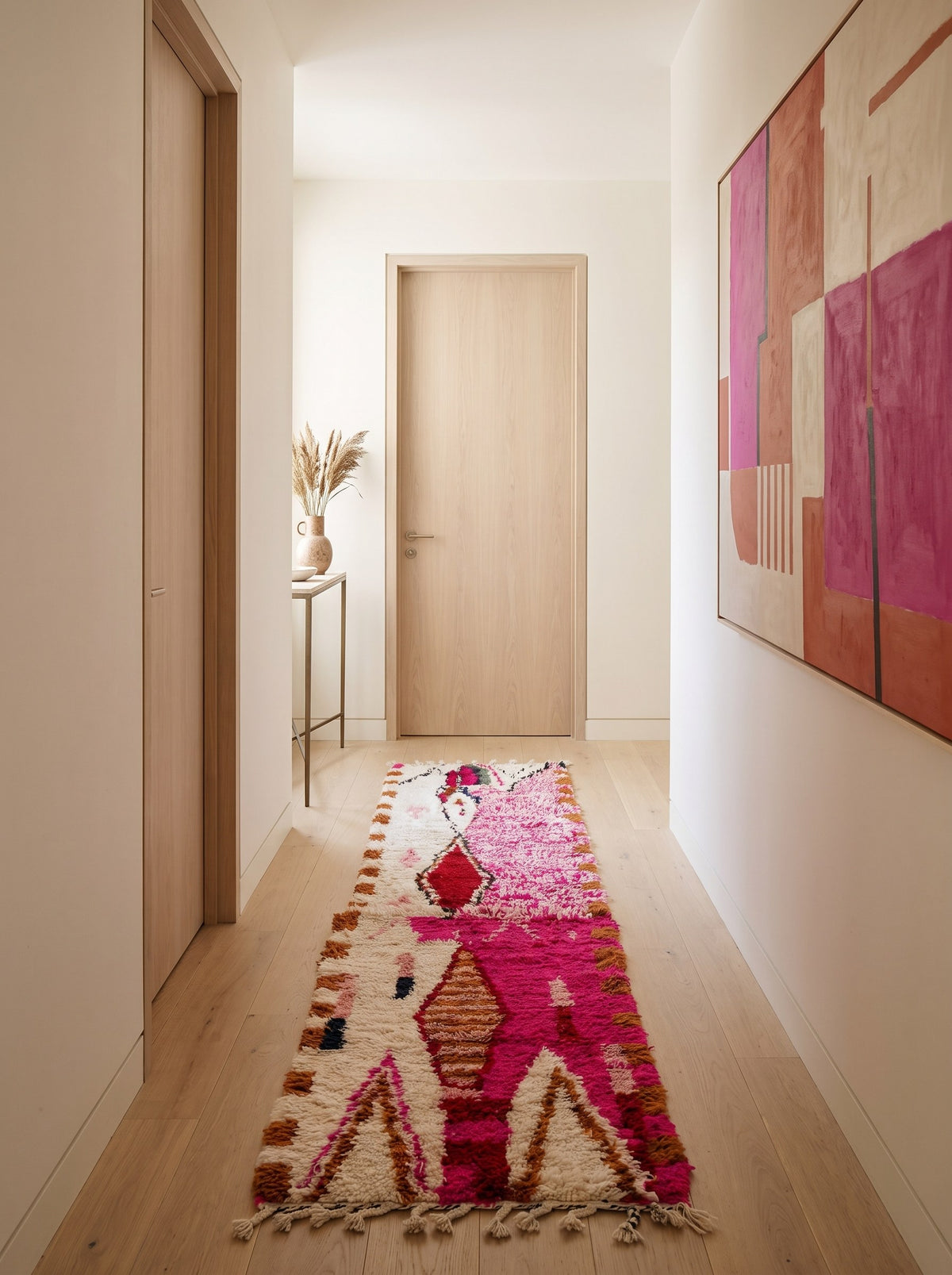 Tapis de couloir berbère style Boujad rose fuchsia Anoura dans un troisième couloir, noué main au Maroc