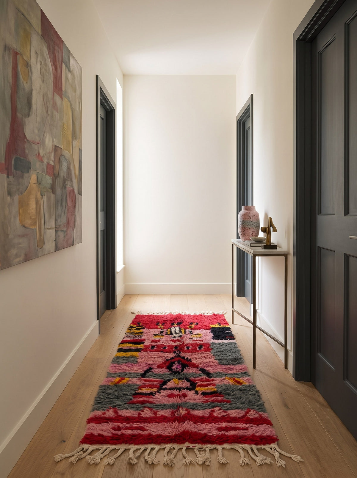 Tapis de couloir berbère style Boujad rouge et rose Rassira dans un autre couloir, noué main au Maroc