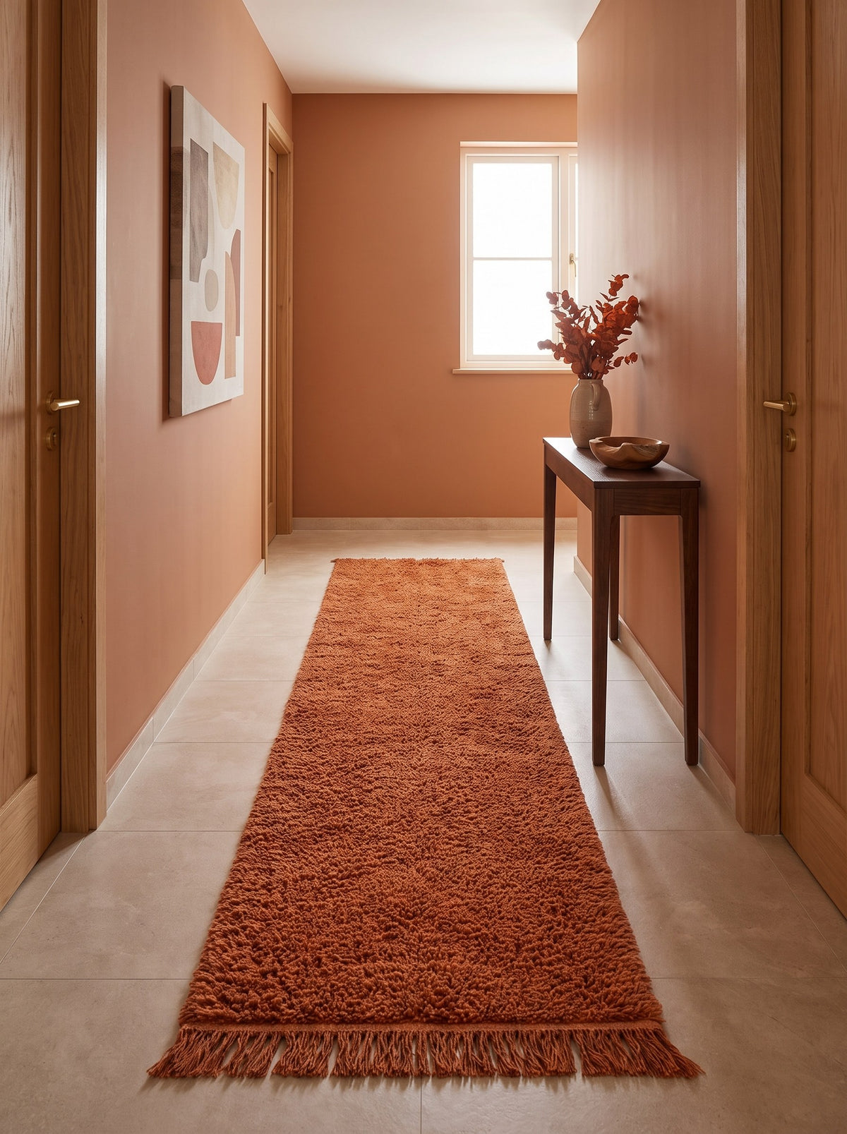 Tapis de couloir berbère uni terracotta Guercif dans un autre couloir, noué main au Maroc