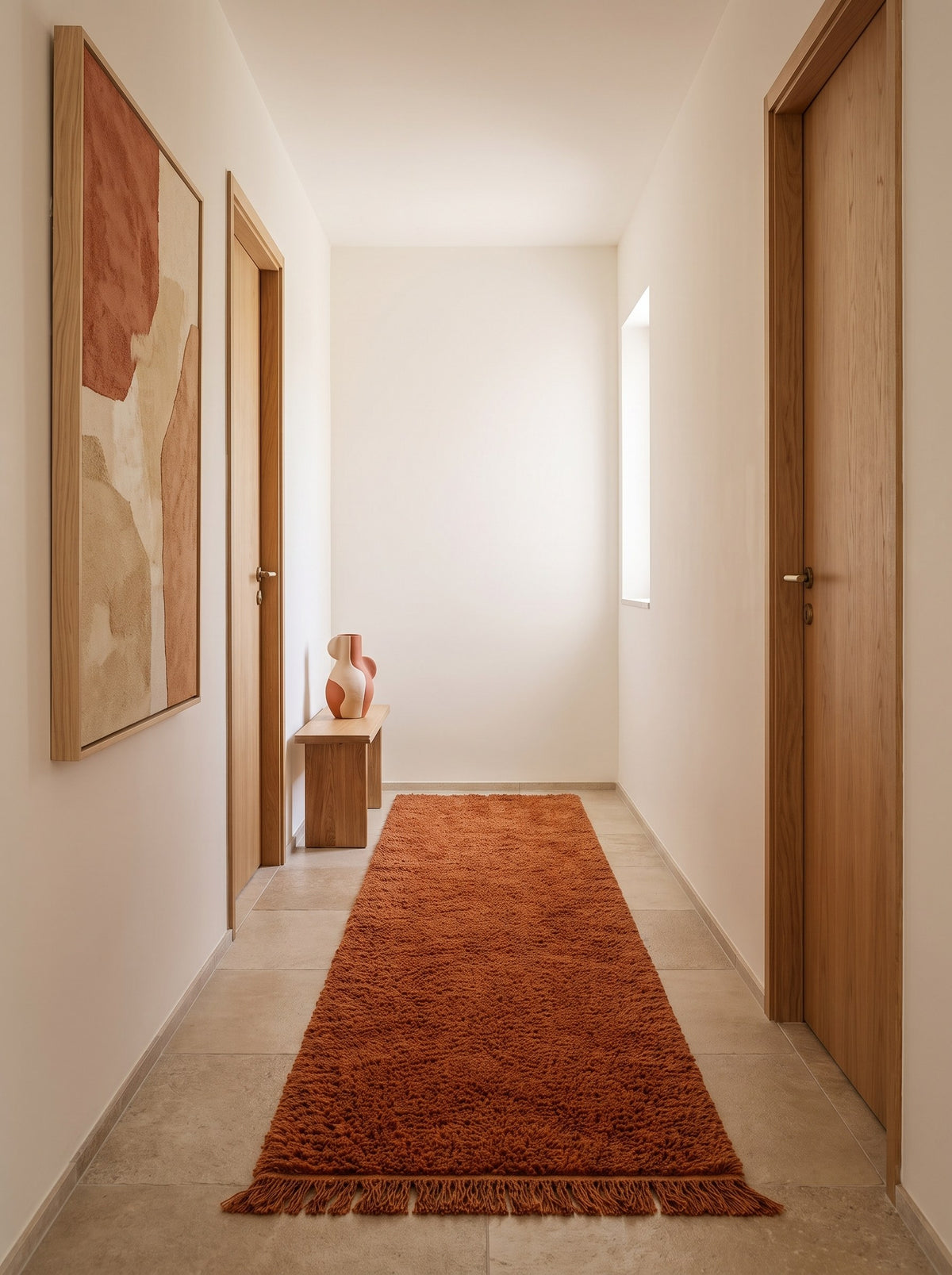 Tapis de couloir berbère uni terracotta Guercif dans un troisième couloir, noué main au Maroc