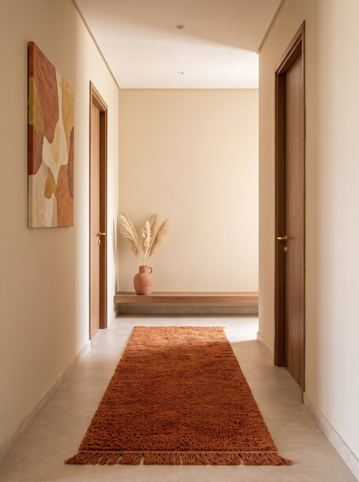 Tapis de couloir berbère uni terracotta Guercif dans un couloir, noué main au Maroc