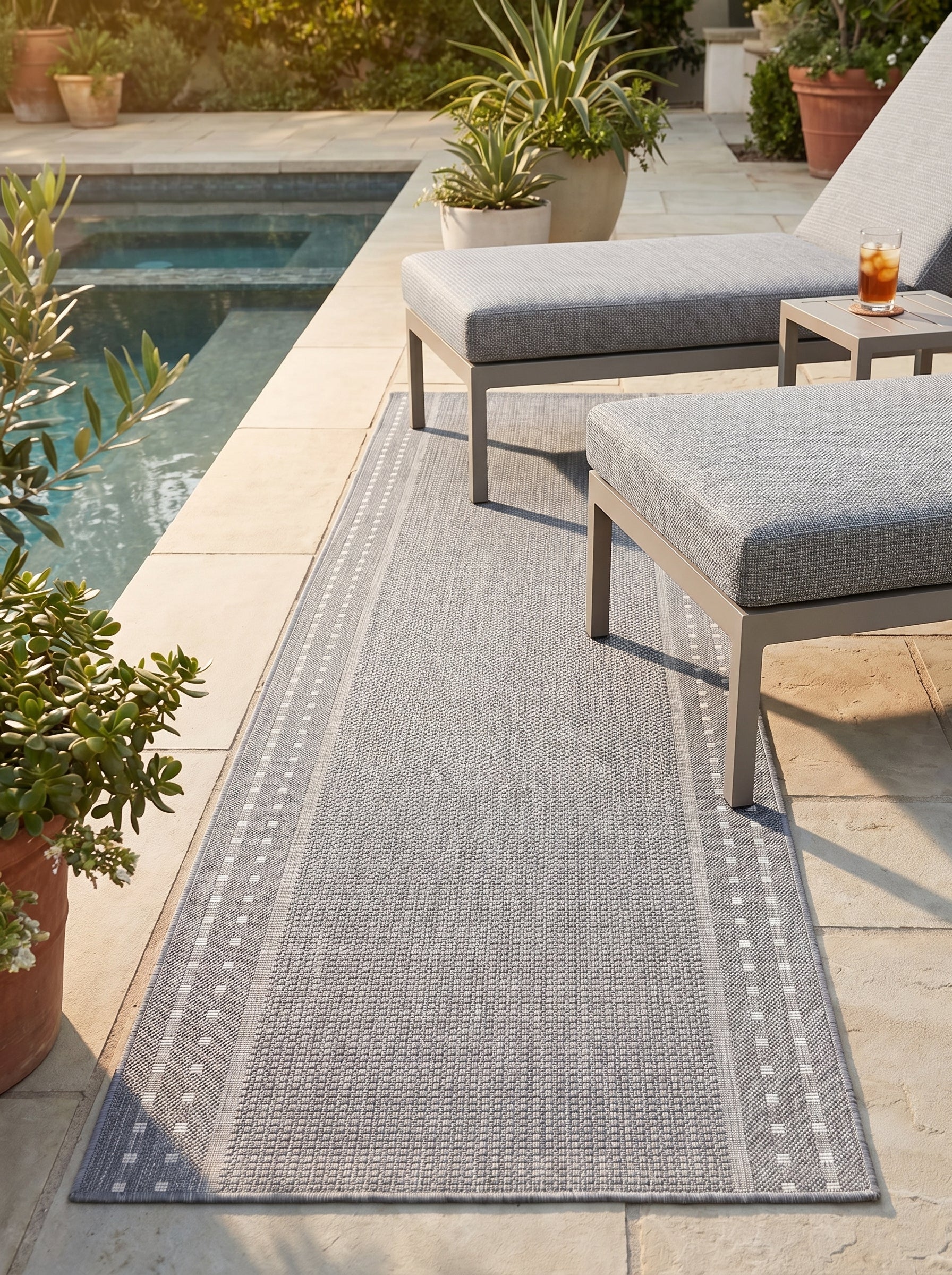 Tapis rectangulaire gris clair à tissage plat avec des bordures géométriques grises et blanches, posé sur une terrasse au bord d'une piscine