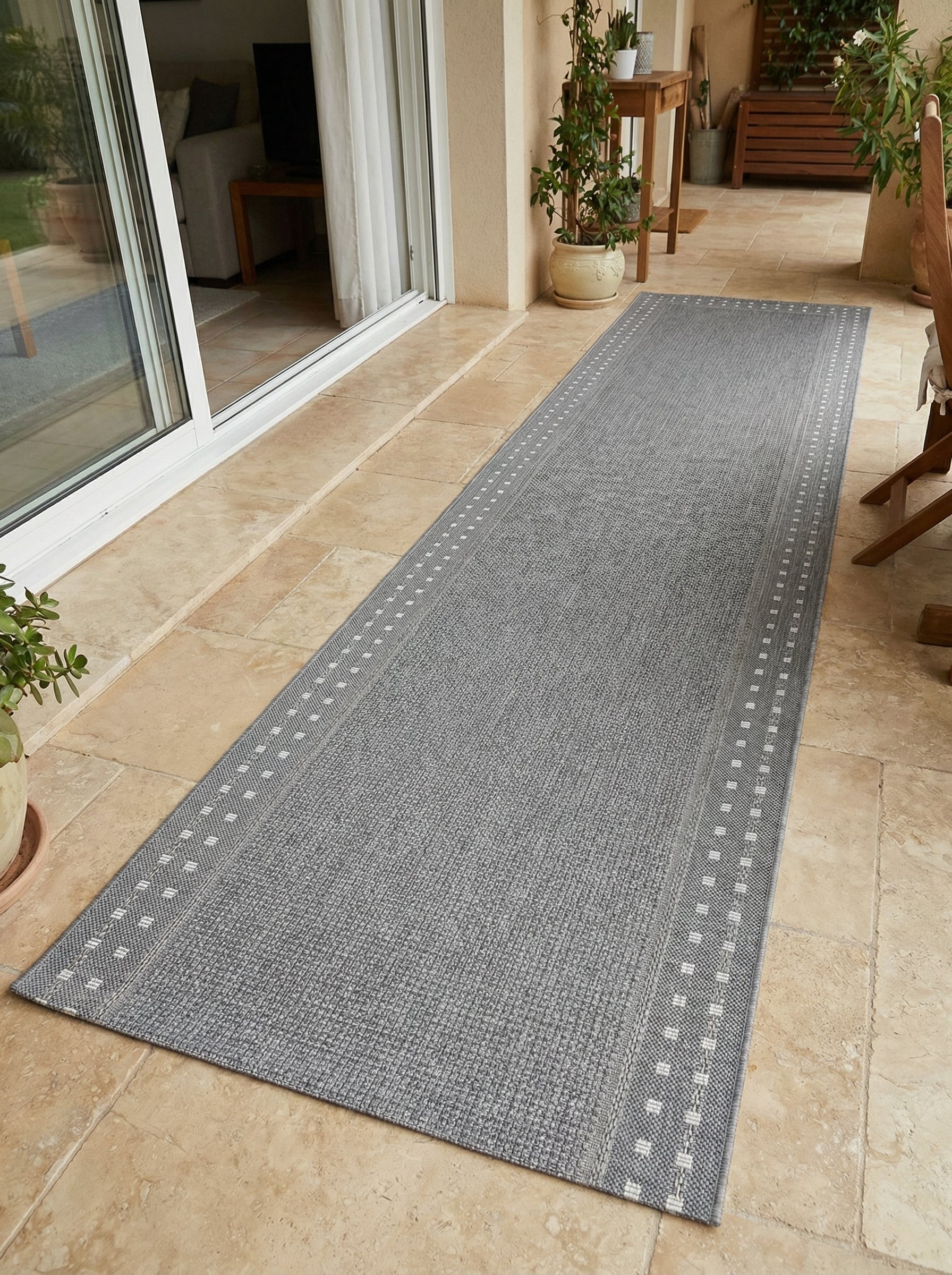 Long tapis gris texturé avec une bordure de petits carrés clairs, posé sur le carrelage d'une véranda
