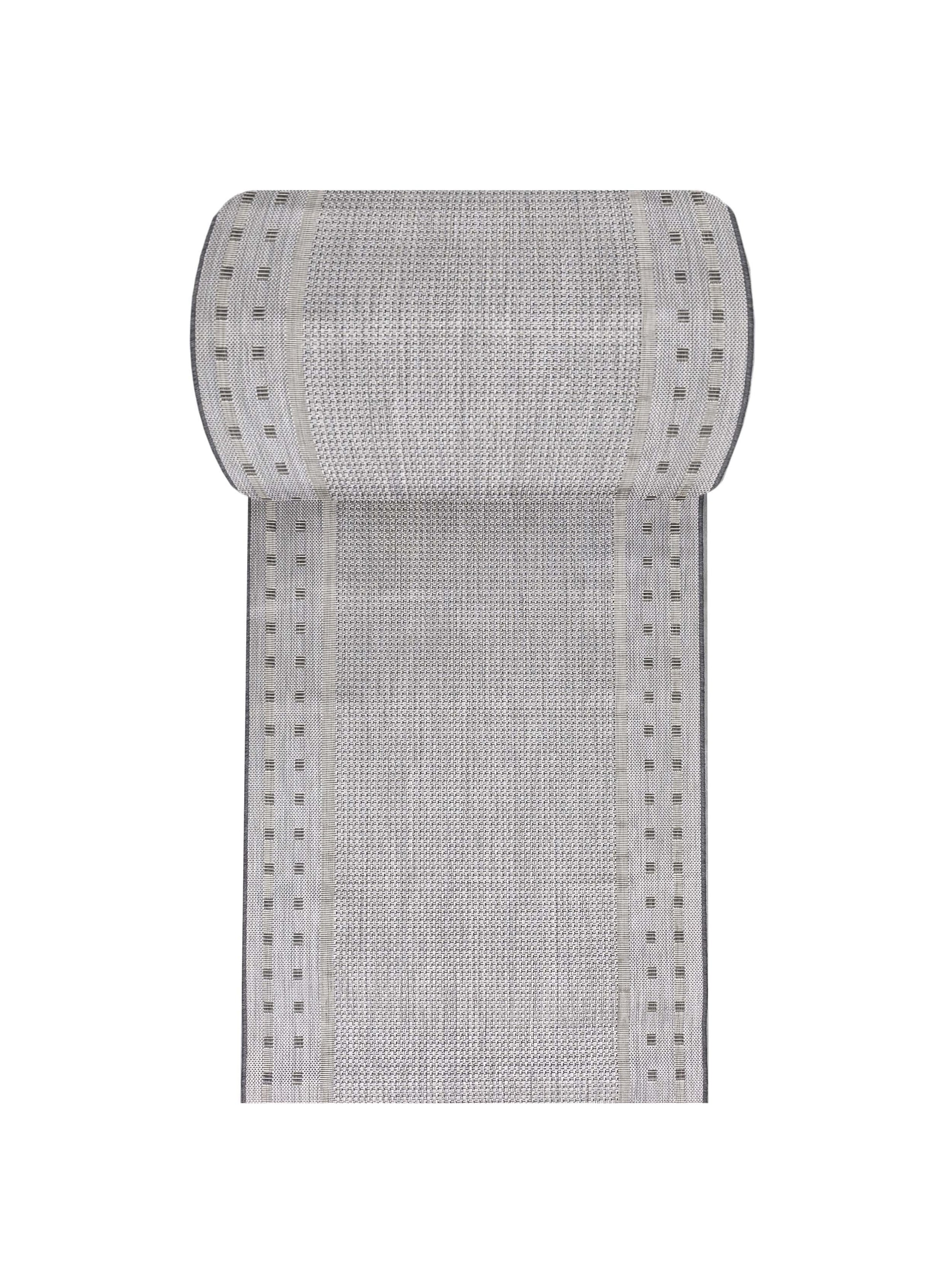 Tapis tissé gris clair et anthracite, avec une texture quadrillée fine et des bordures ornées de motifs à rayures horizontales