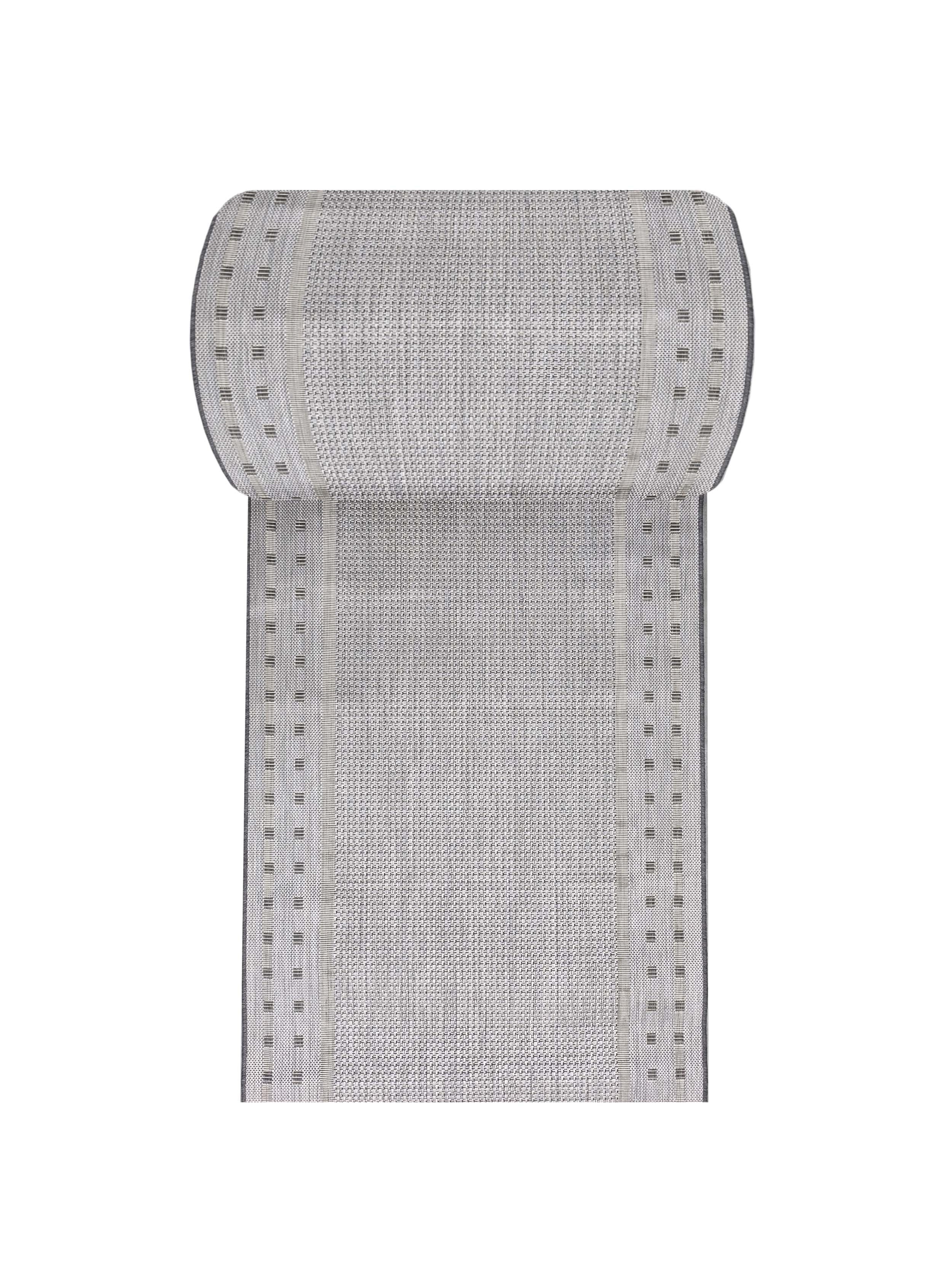 Tapis tissé gris clair et anthracite, avec une texture quadrillée fine et des bordures ornées de motifs à rayures horizontales