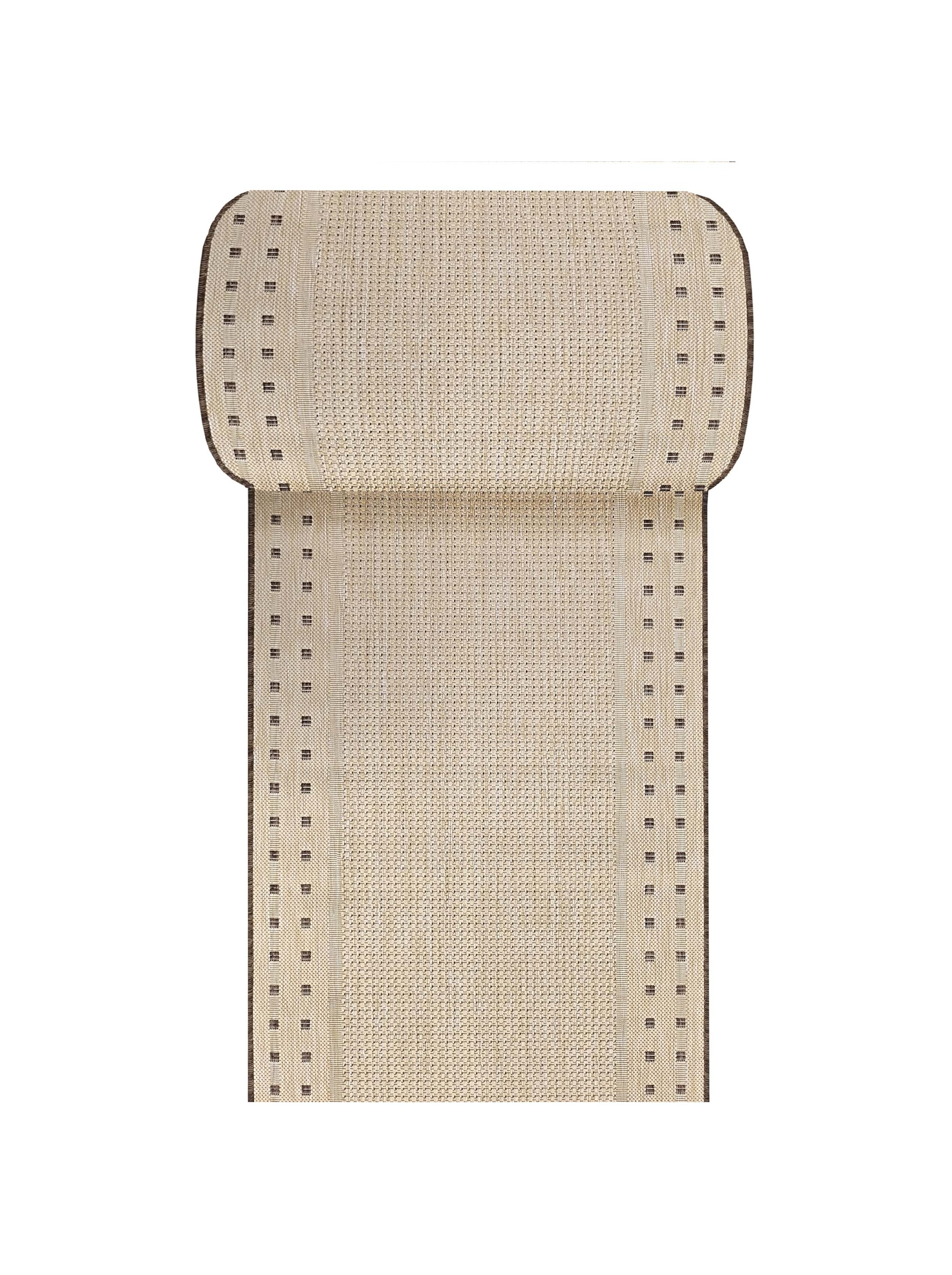 Tapis beige clair en matière tressée avec bordure marron foncé et motifs carrés foncés le long des côtés