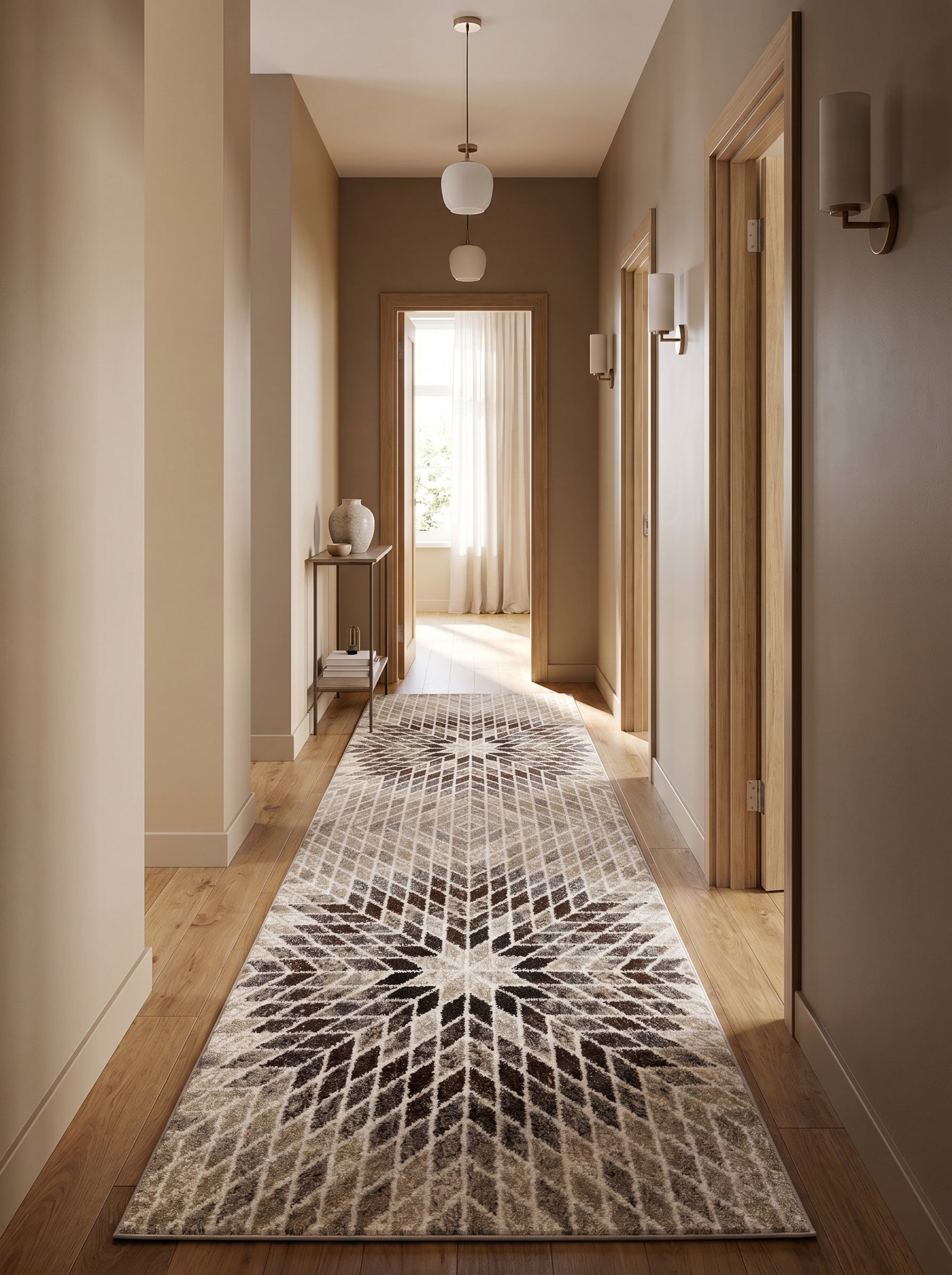 Tapis de couloir texturé, motifs géométriques en losanges dégradés marron, beige, crème dans un hall