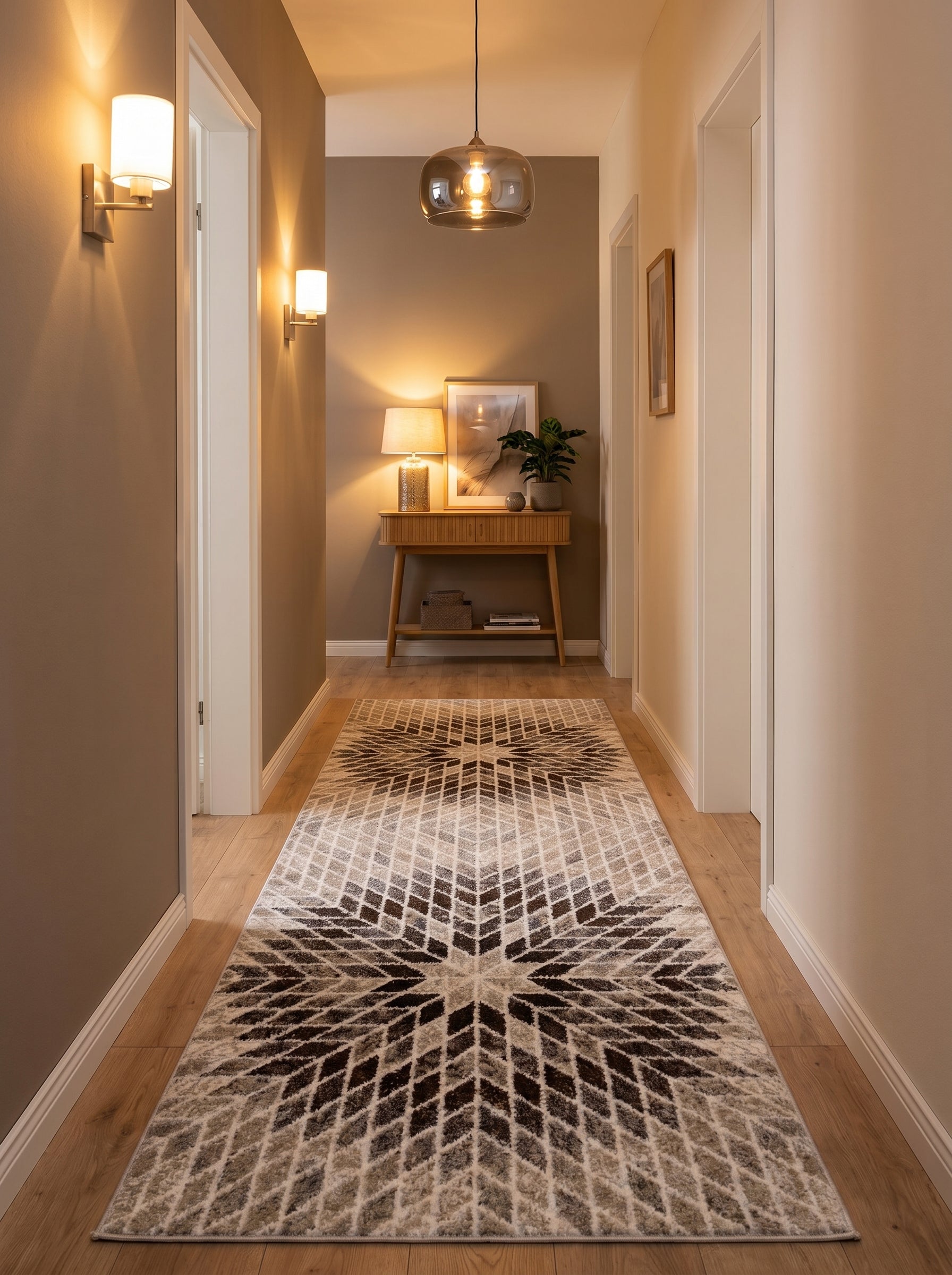 Tapis rectangulaire à motifs géométriques de losanges dégradés beiges, gris et marron, sur le parquet d'un couloir éclairé
