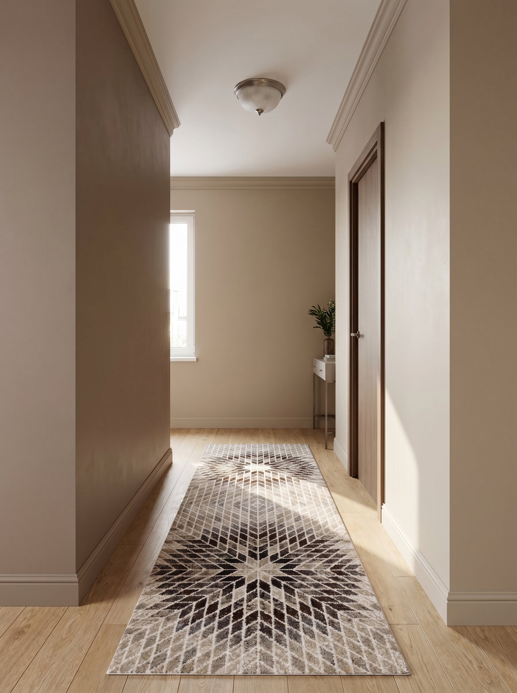 Tapis coureur à motifs losanges beiges, marron et crème en étoile, sur parquet clair dans un couloir lumineux