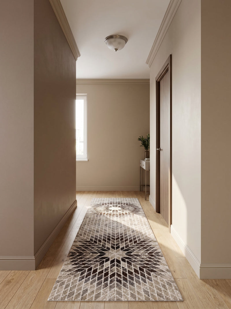 Runner rug with beige, brown and cream star-shaped diamond patterns, on light parquet in a bright corridor