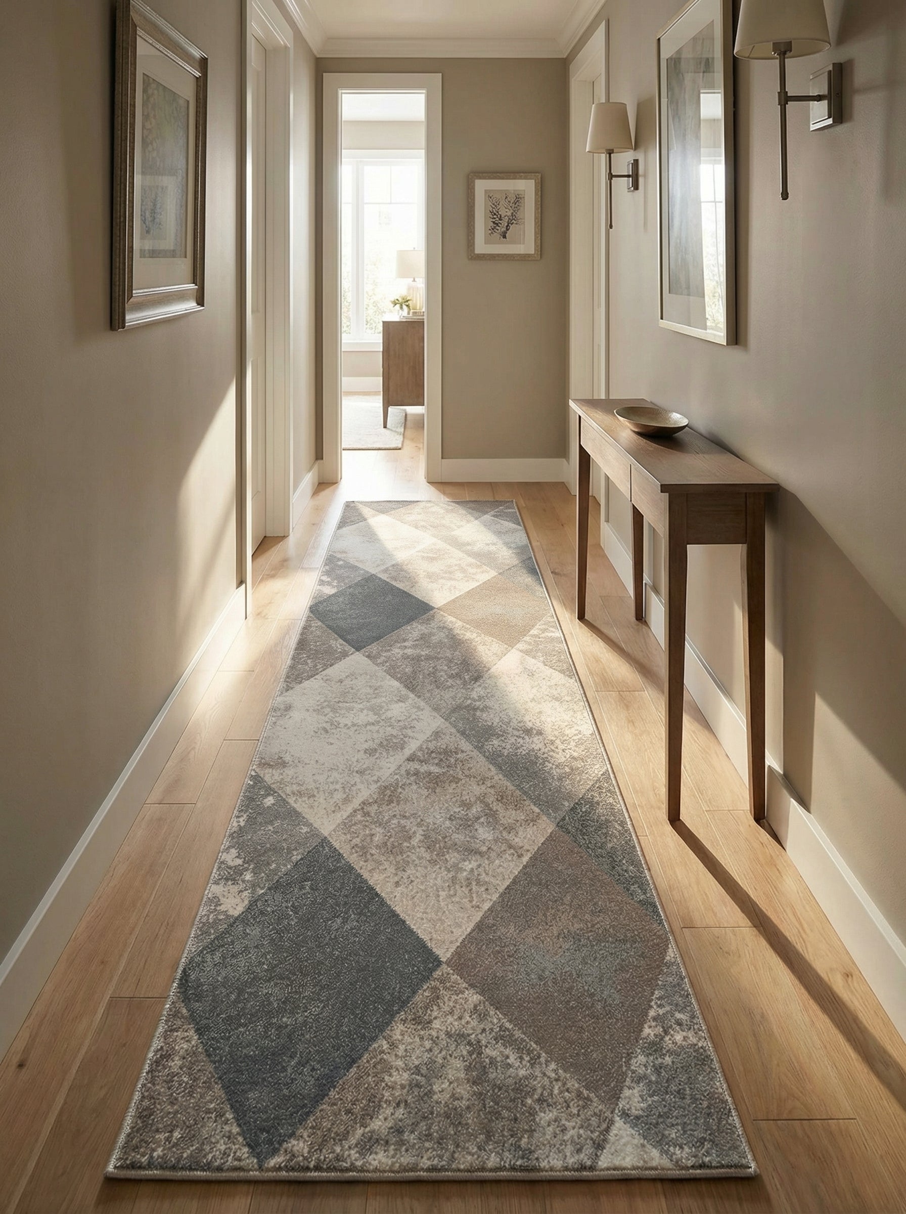 Tapis coureur à motifs géométriques de losanges gris, beiges et marron clair, avec un effet vieilli, posé sur le parquet d'un couloir