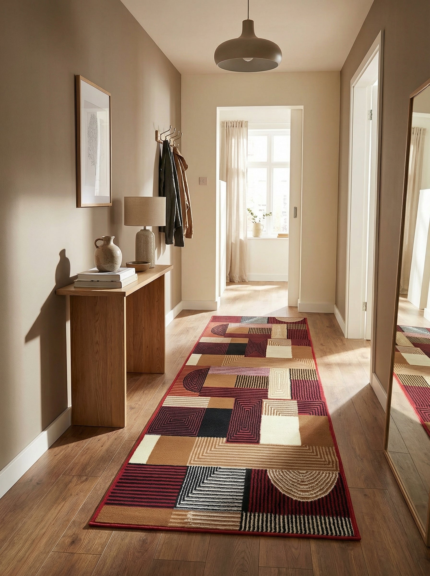 Tapis de couloir rectangulaire aux motifs géométriques et couleurs bordeaux, beige, noir et crème dans un couloir