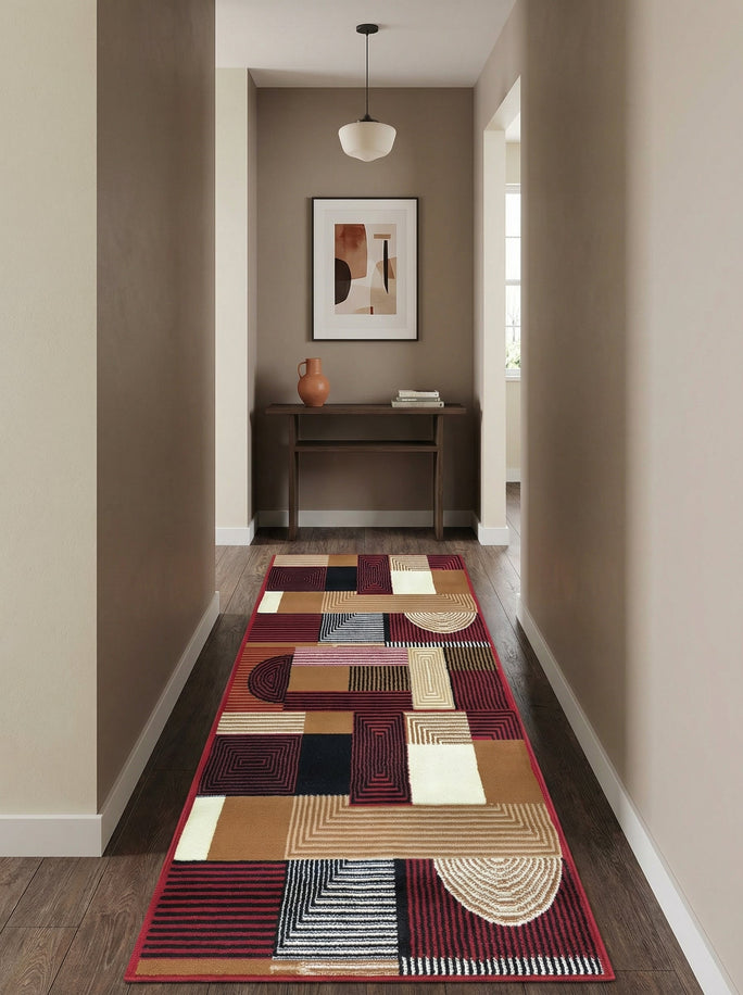 Tapis de Couloir Géométrique Rouge & Marron - Valore