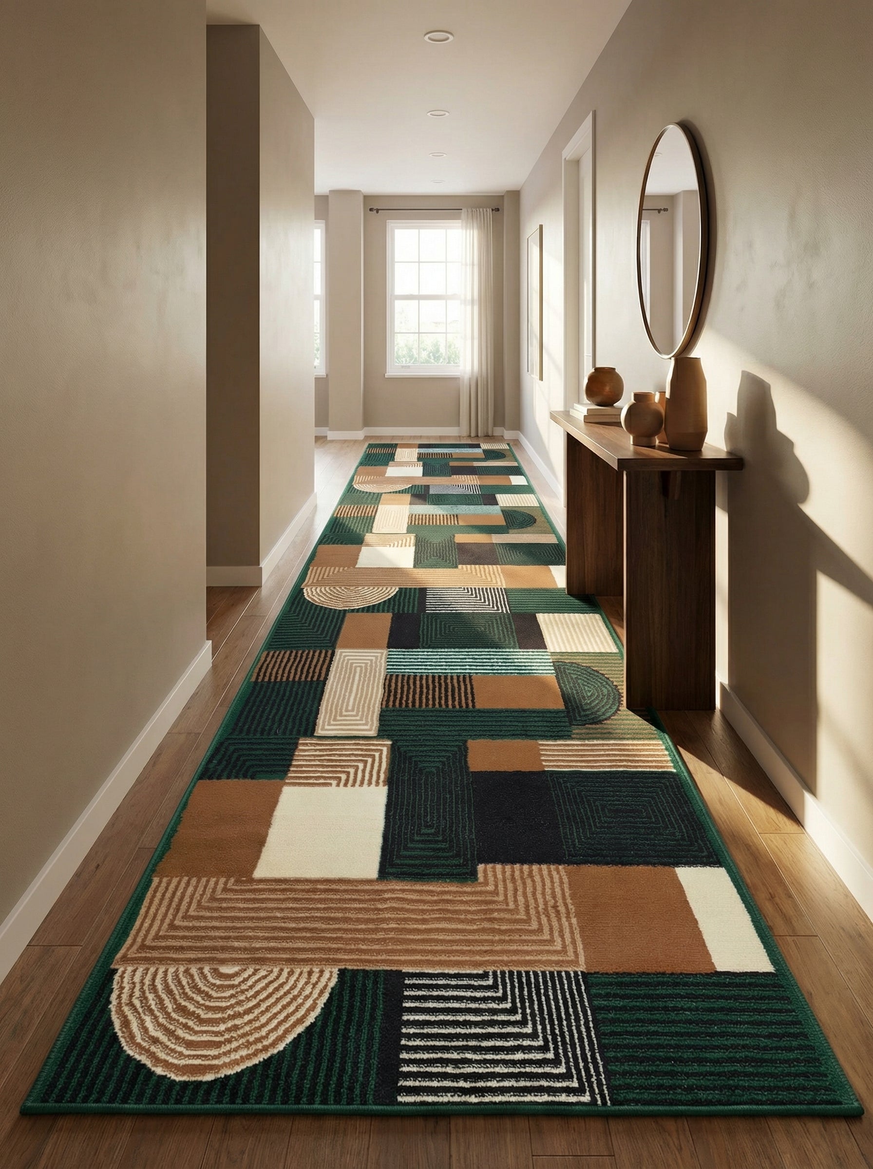 Long tapis de couloir avec motifs géométriques abstraits verts foncés, marron, noirs et crème, posé sur un plancher en bois dans un couloir décoré