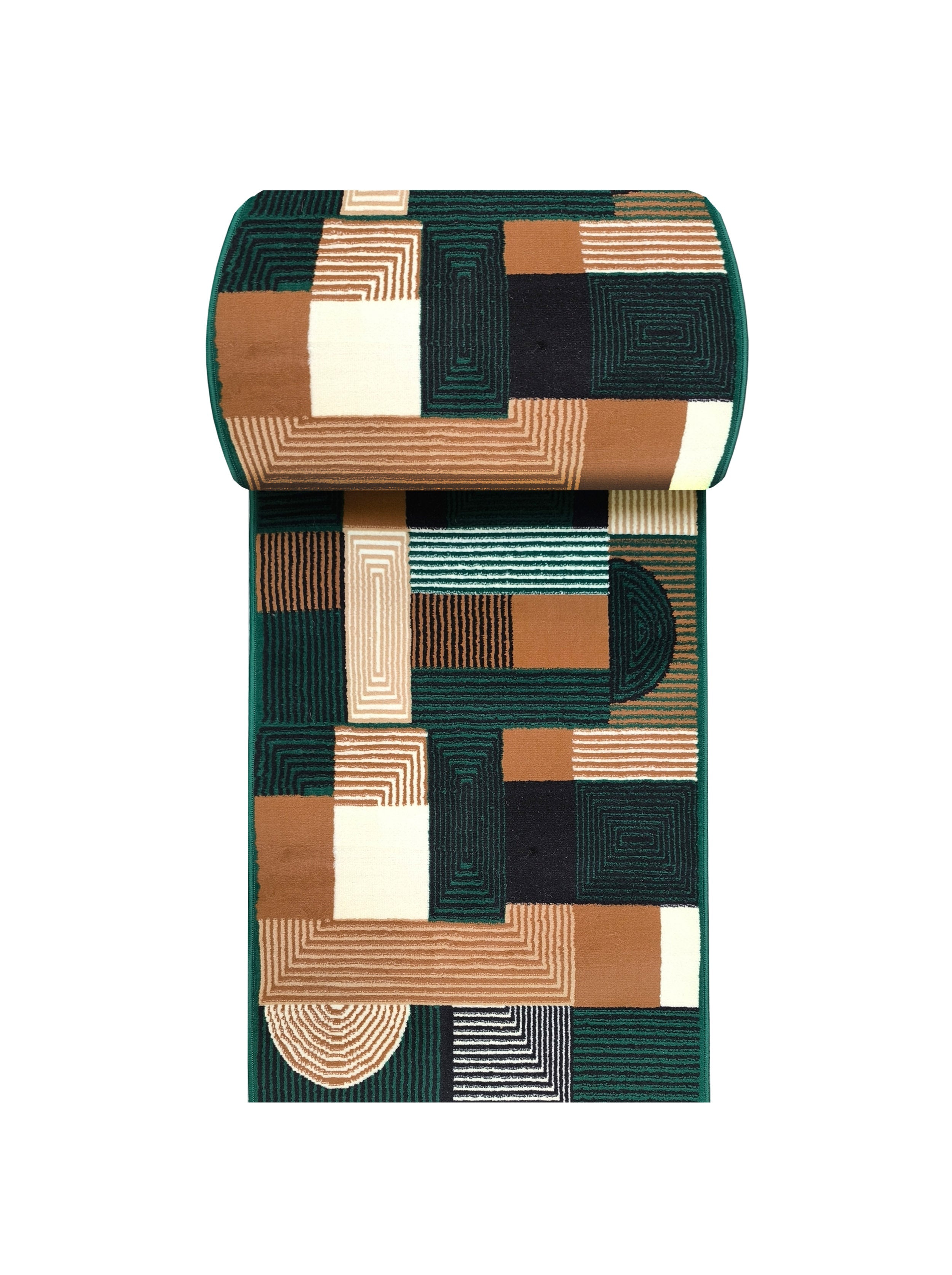 Tapis à motifs géométriques de blocs et de lignes vert forêt, marron, crème et noir, partiellement roulé