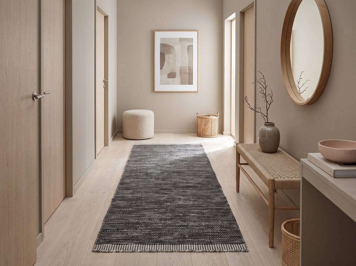 Inspiration déco : Tapis de Couloir Laine & Coton Gris Orage - Trama dans un couloir japandi au parquet de chêne blanchi
