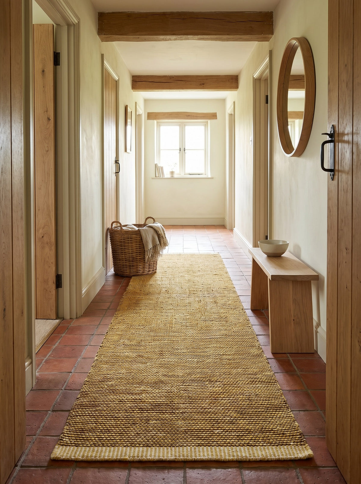 Tapis de Couloir Laine & Coton Jaune Moutarde - Trama le long du couloir d'une longère rénovée, sur des tomettes anciennes