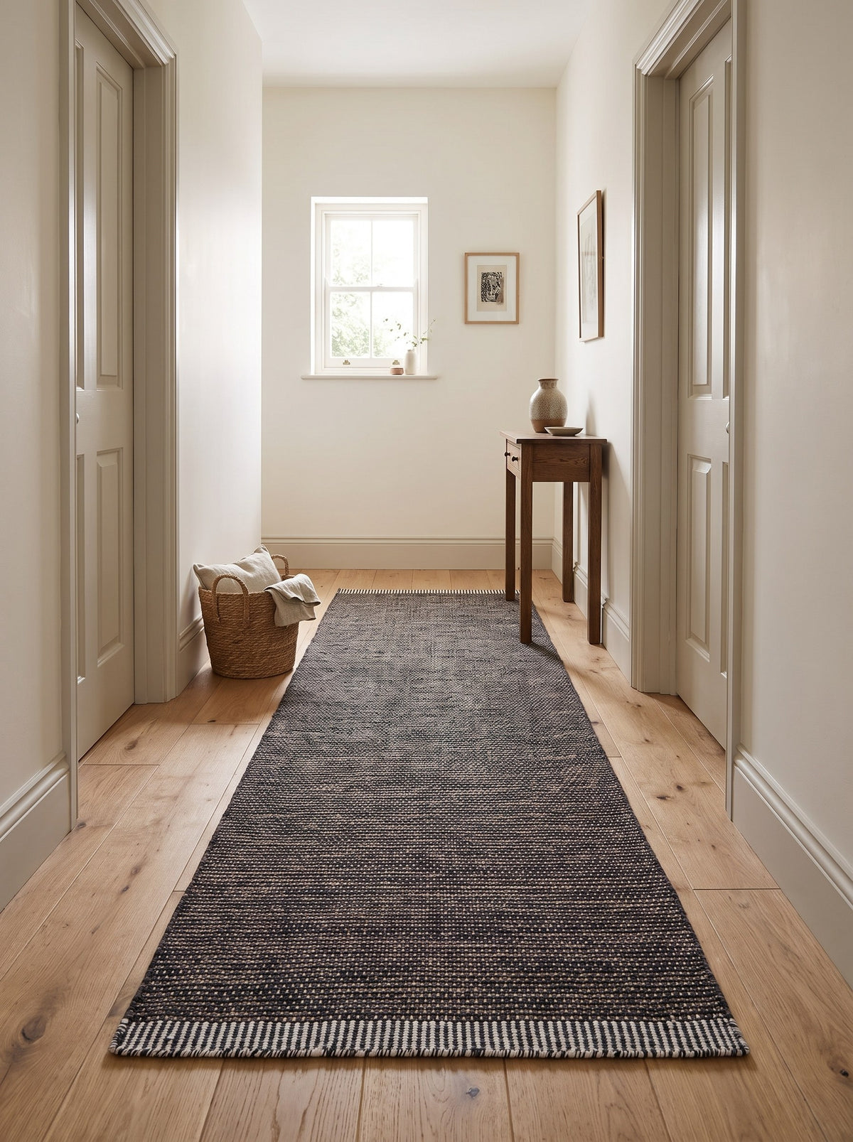 Tapis de Couloir Laine & Coton Noir Cuivré - Trama vu depuis une porte, dans un couloir de maison de ville