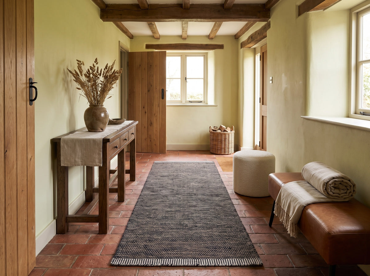 Inspiration déco : Tapis de Couloir Laine & Coton Noir Cuivré - Trama dans un couloir de longère aux tomettes anciennes