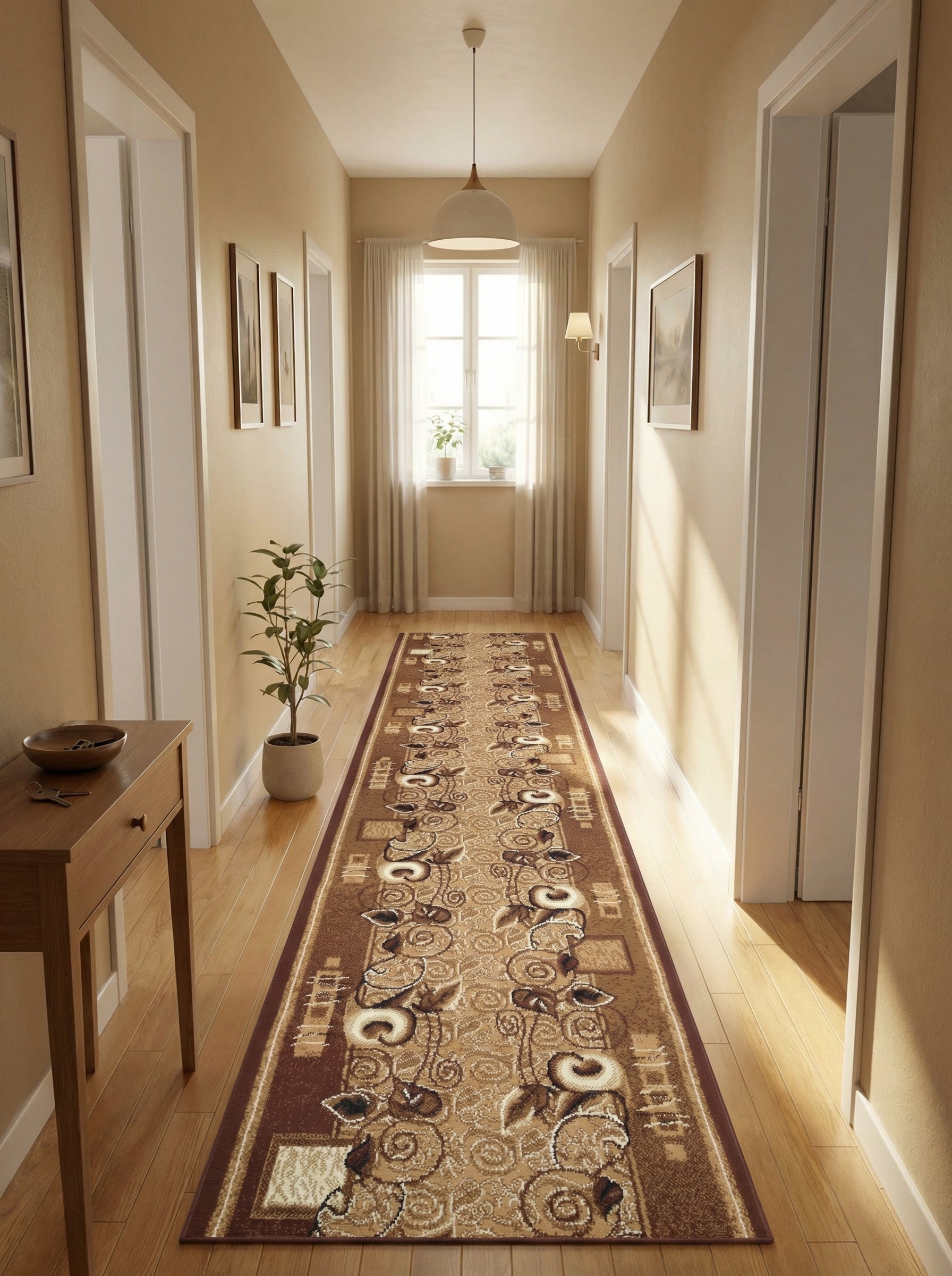 Tapis de couloir rectangulaire aux motifs floraux et spirales beiges et marron clair sur fond marron foncé, posé sur parquet clair dans un long couloir