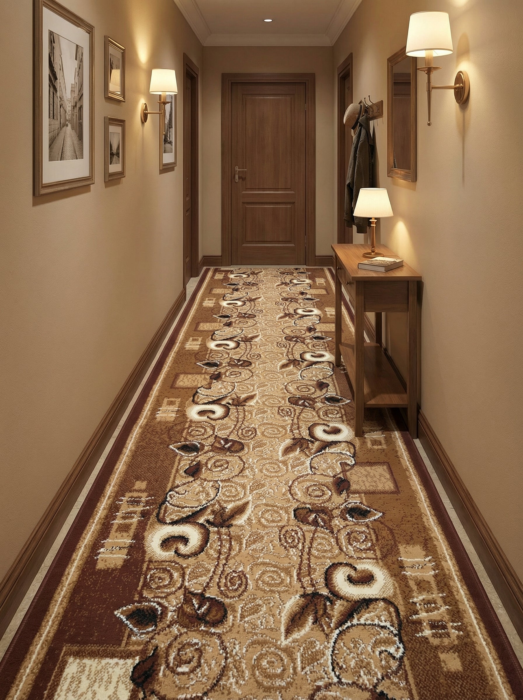 Tapis coureur aux motifs floraux et volutes beiges et marron clair, bordé de marron foncé, couvrant le sol d'un long couloir