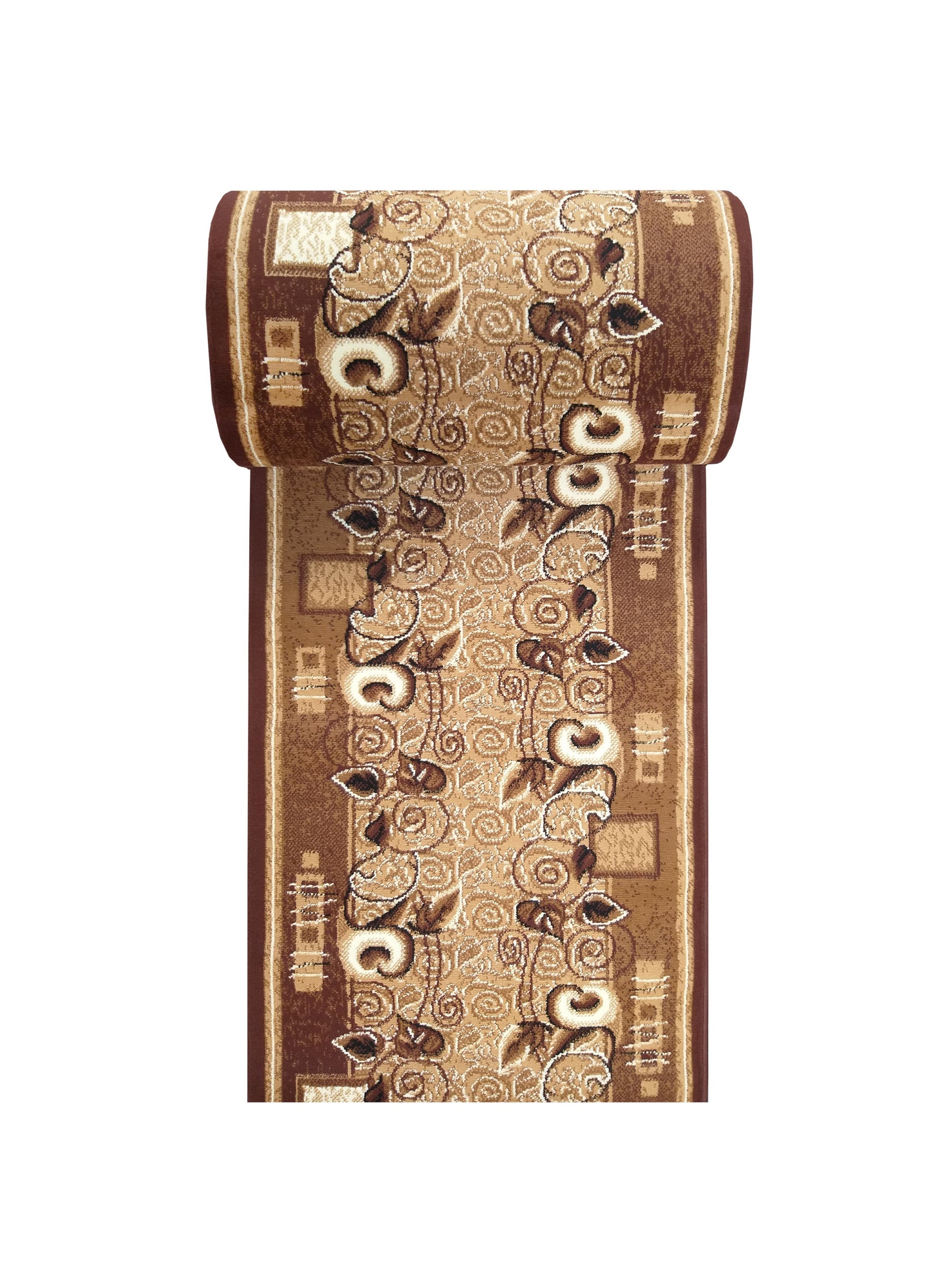 Tapis roulé verticalement, affichant un motif central floral et de volutes et des bordures géométriques, dans les tons marron, beige et crème