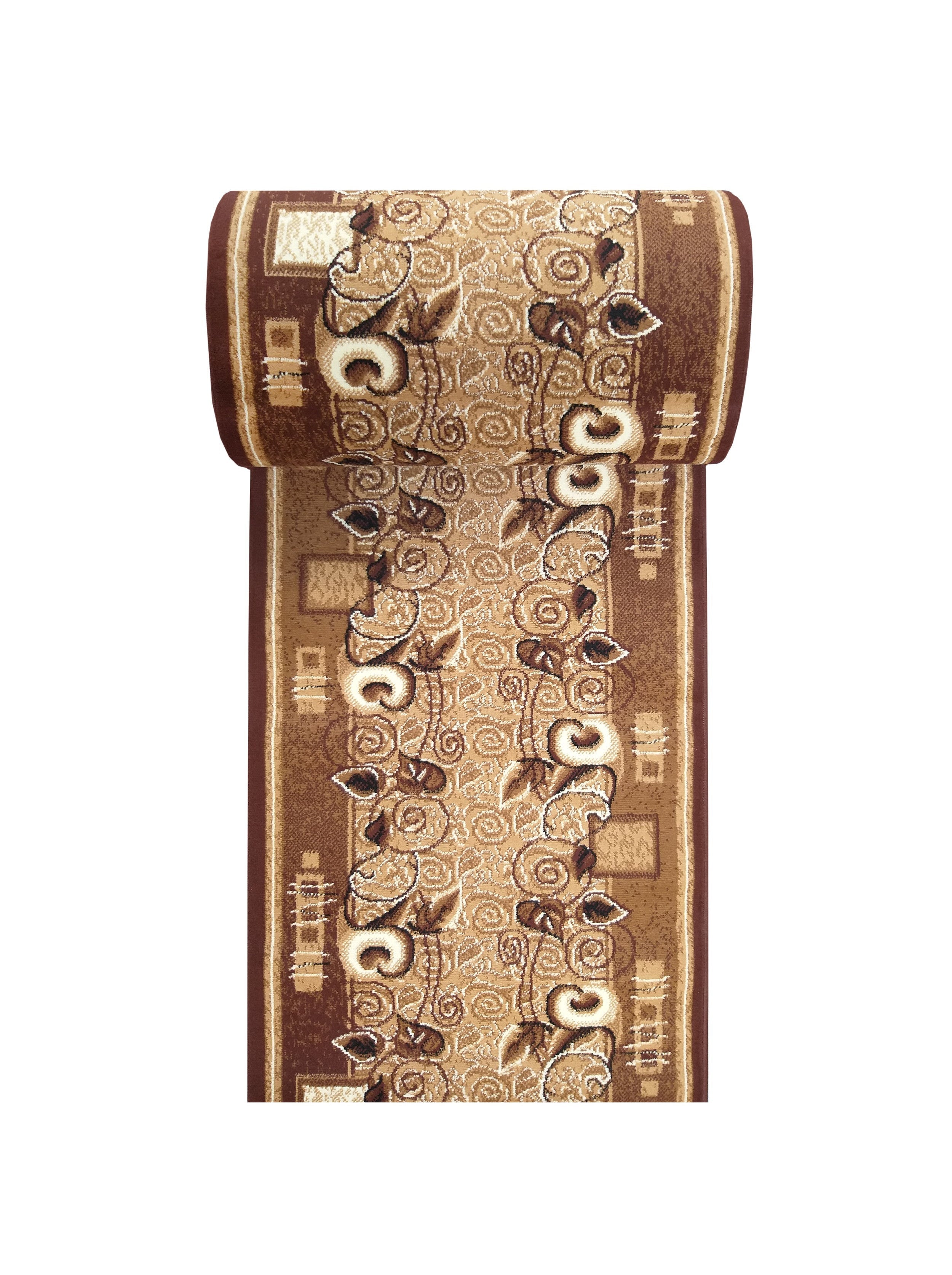 Tapis roulé verticalement, affichant un motif central floral et de volutes et des bordures géométriques, dans les tons marron, beige et crème