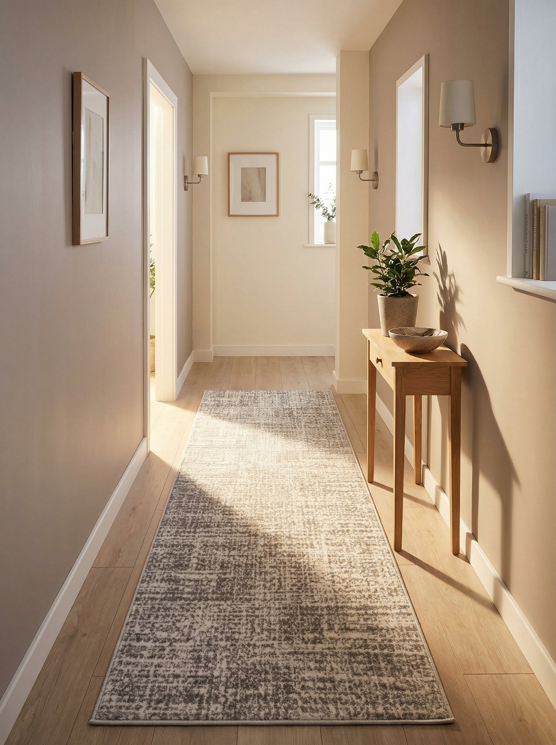 Tapis de couloir rectangulaire gris et crème aux motifs abstraits et texturés, posé sur un parquet clair dans un couloir lumineux
