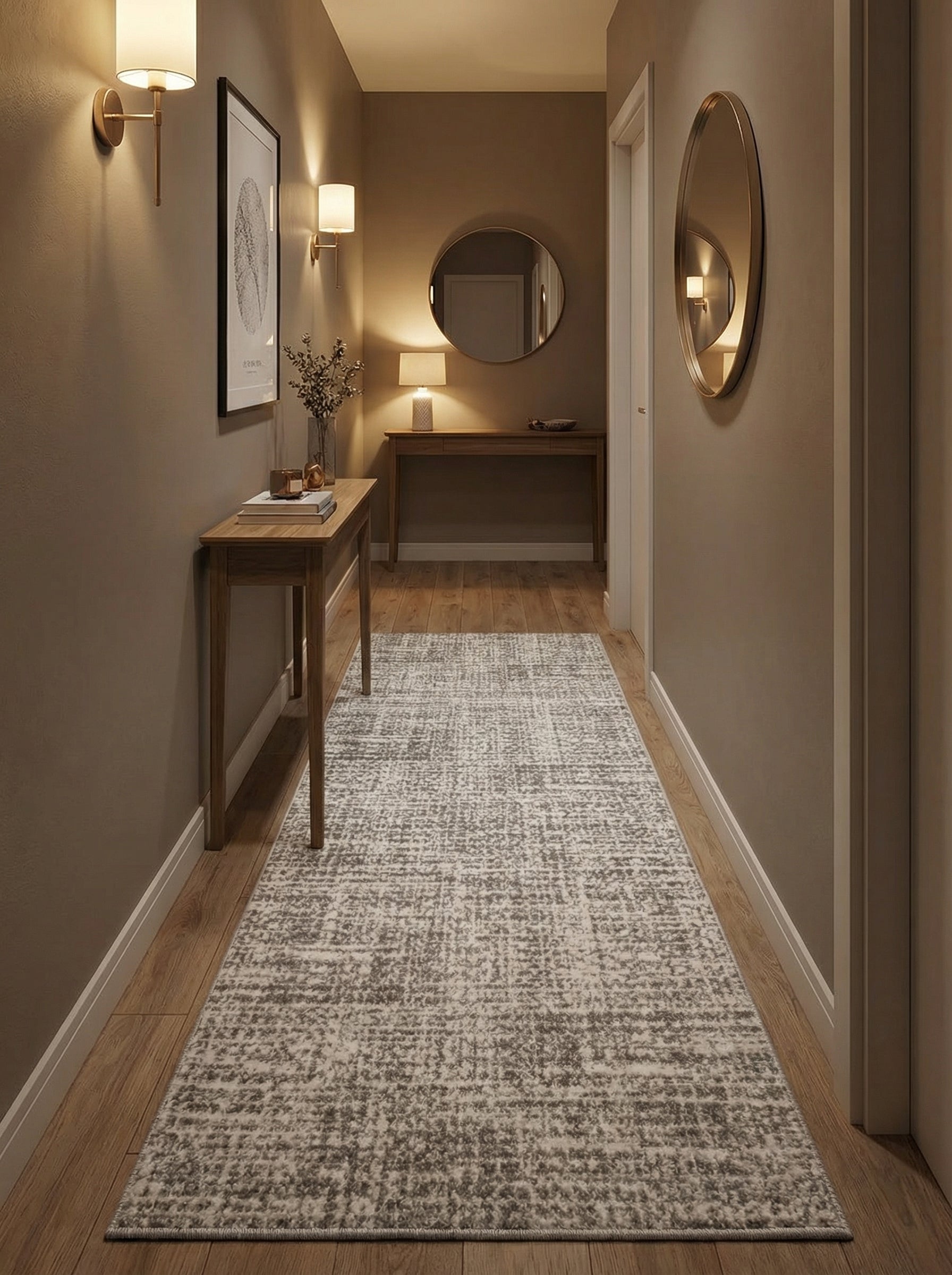 Tapis rectangulaire long gris clair et foncé à motifs abstraits effet chiné sur parquet en bois clair dans un couloir décoré