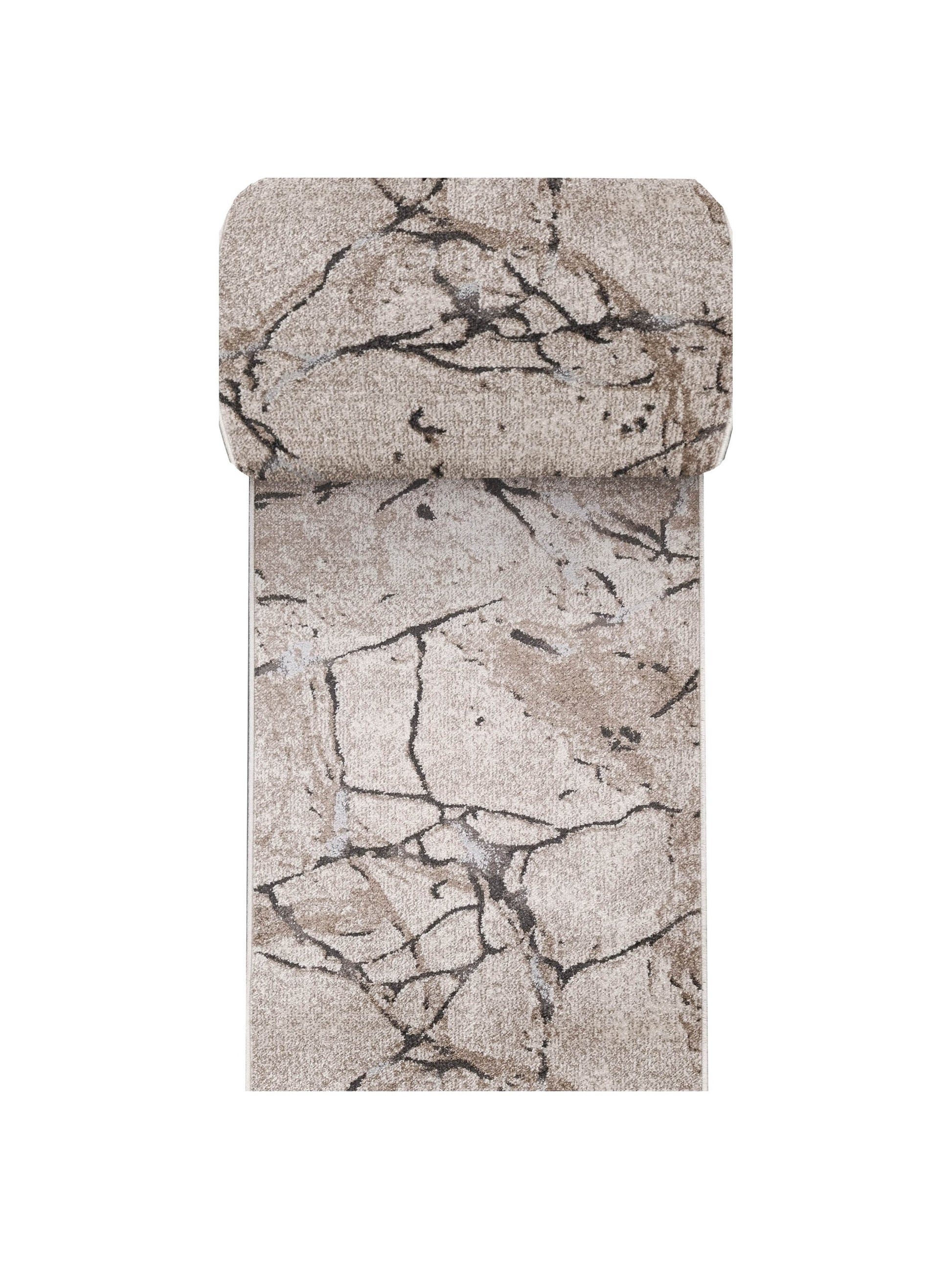 Tapis textile rectangulaire beige et marron clair à l'extrémité arrondie, motifs abstraits noirs et gris effet marbré