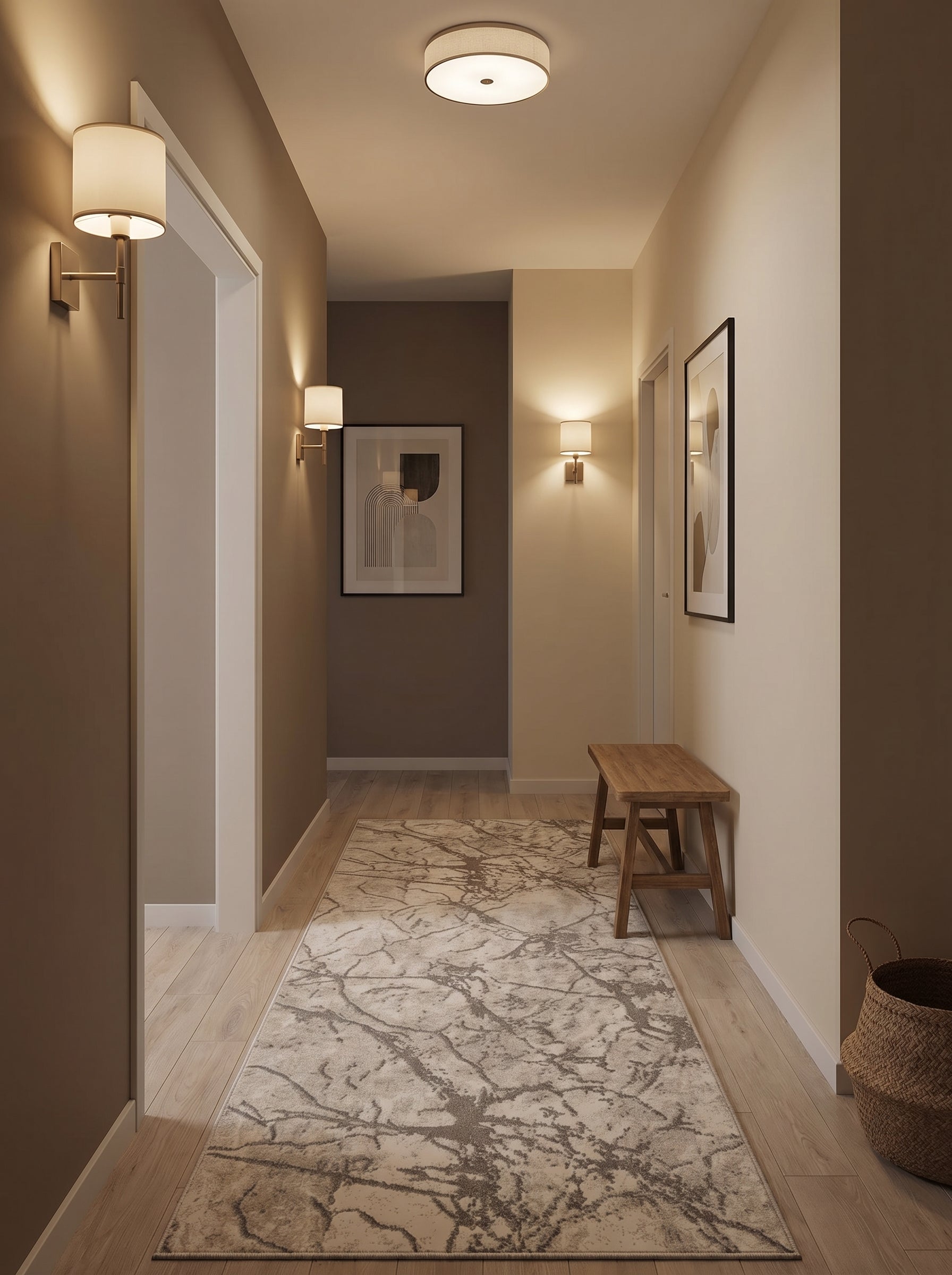 Tapis rectangulaire beige clair avec des motifs abstraits gris foncé évoquant des veines de marbre, posé sur un plancher en bois clair dans un couloir