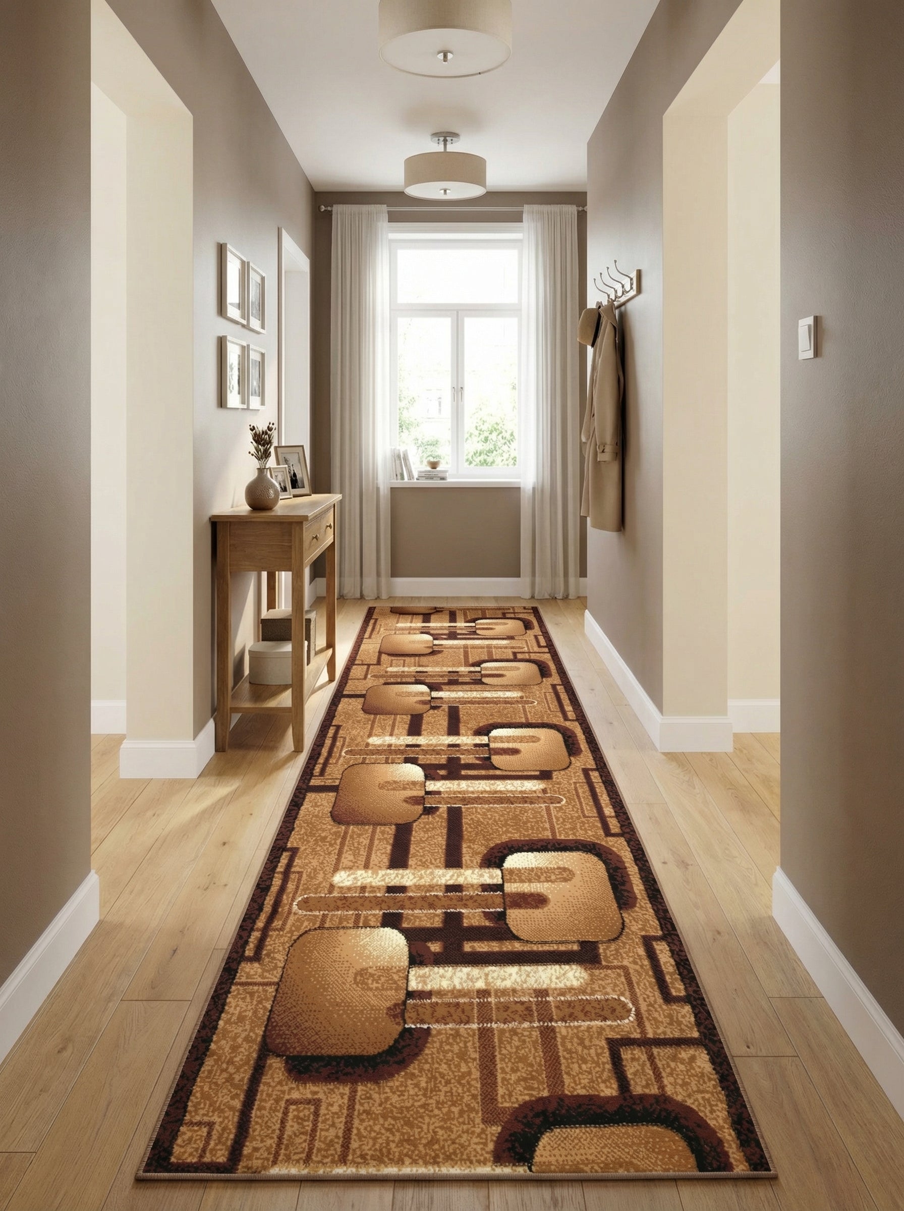 Long tapis de couloir aux motifs géométriques marron, beige et crème, posé sur un parquet clair dans un hall d'entrée