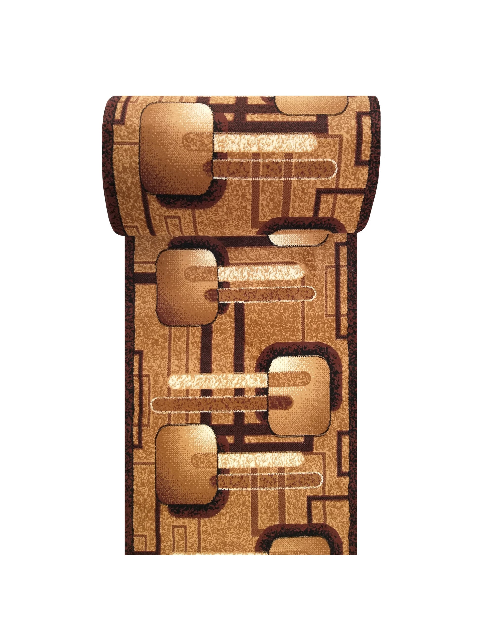 Tapis enroulé présentant un motif géométrique abstrait de formes arrondies et de lignes dans des tons de marron clair, beige et foncé avec une texture granuleuse