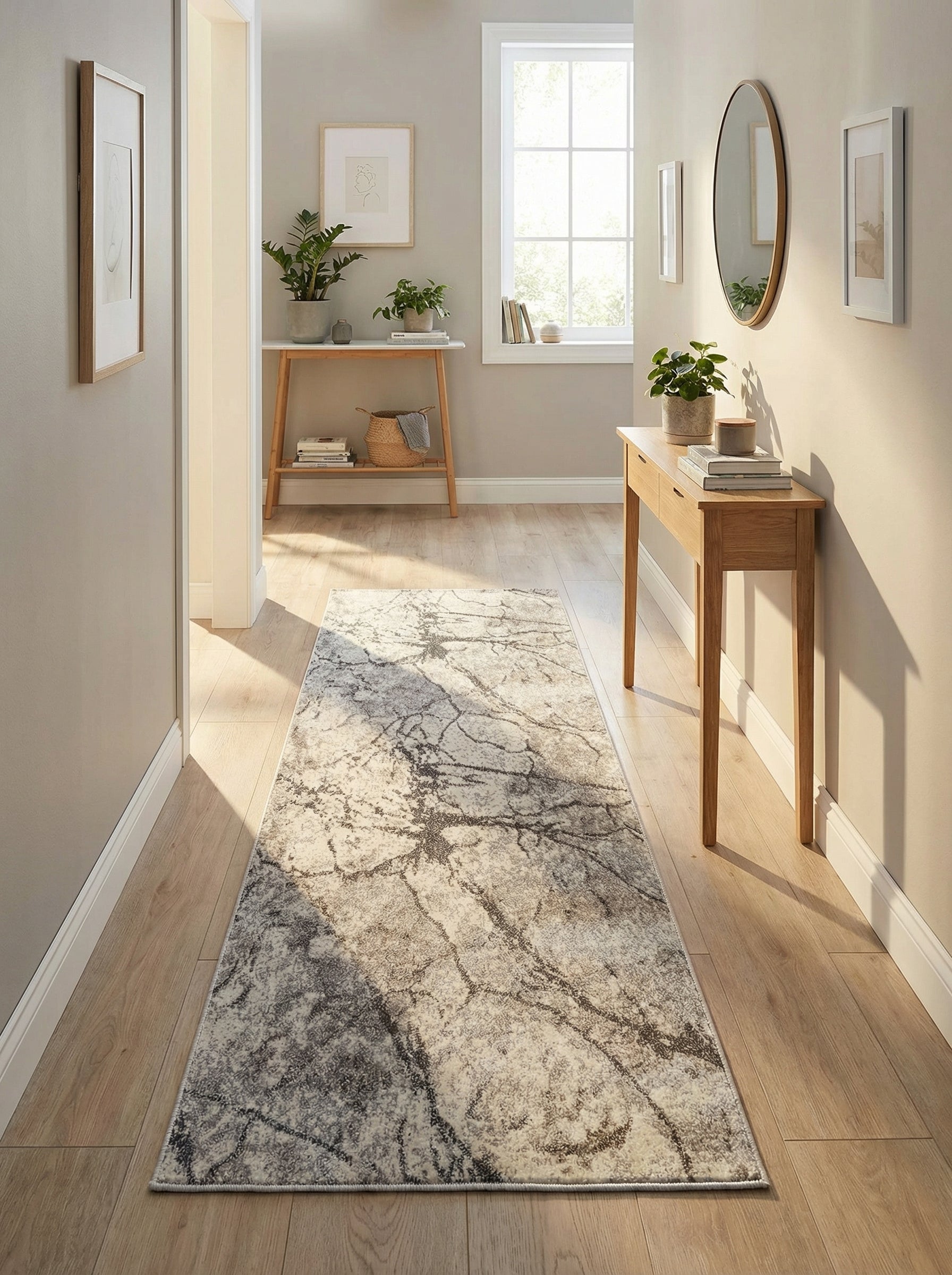 Tapis de couloir rectangulaire beige et gris à motifs abstraits marbrés, posé sur un parquet clair dans un couloir lumineux