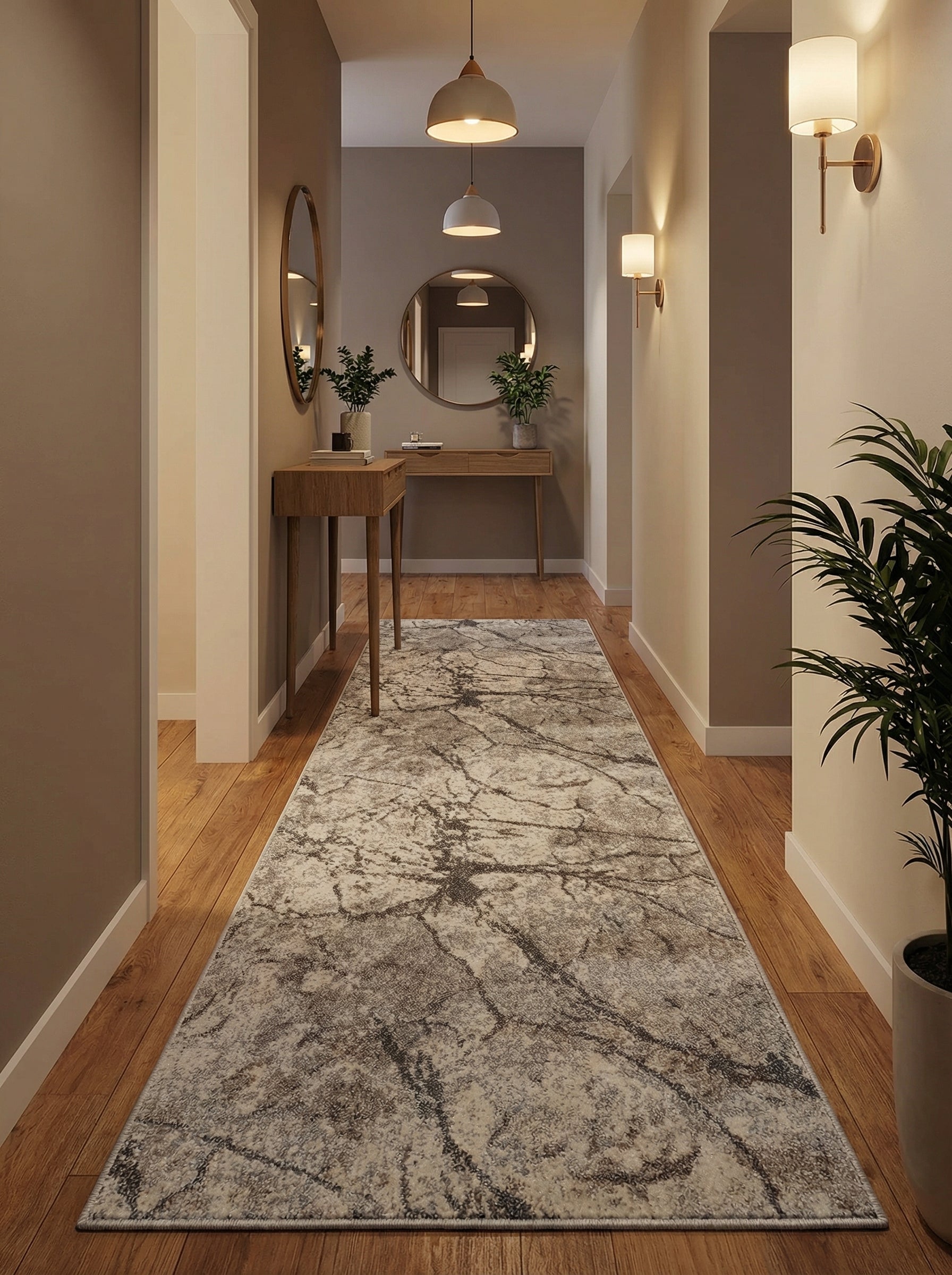 Long tapis de couloir rectangulaire crème et gris foncé aux motifs abstraits marbrés, posé sur un parquet de bois clair dans une entrée accueillante