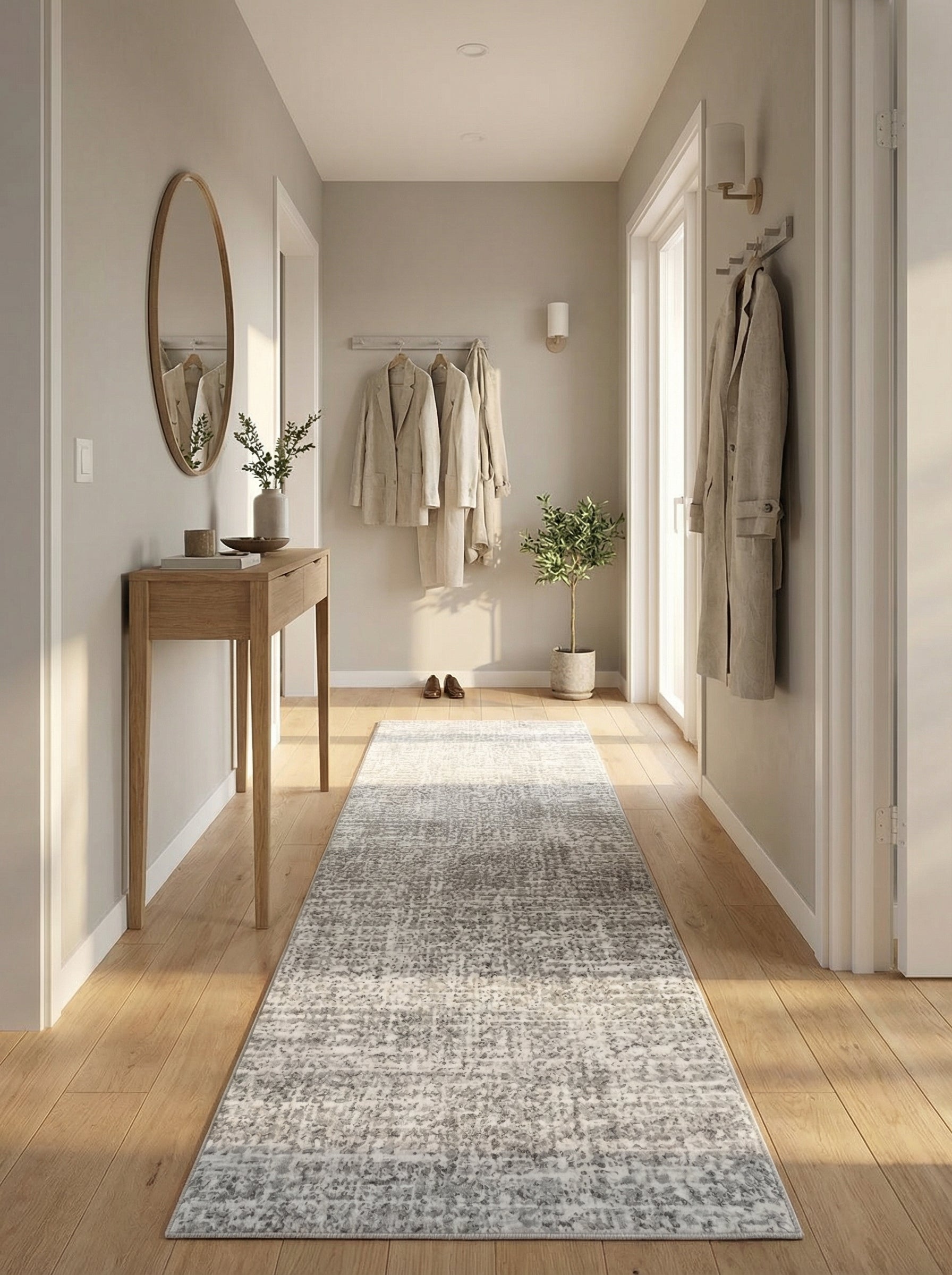 Tapis coureur rectangulaire aux motifs abstraits gris et blancs délavés, sur un parquet clair dans un long couloir