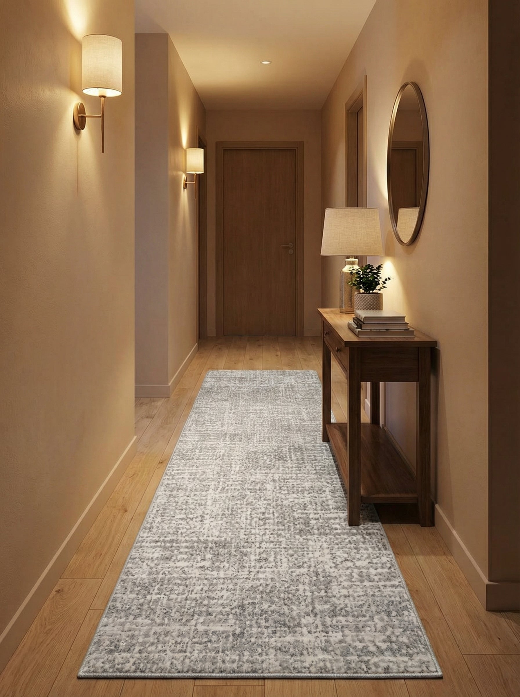 Long tapis de couloir gris clair et blanc à motif abstrait texturé, étendu sur un parquet dans un hall chaleureux