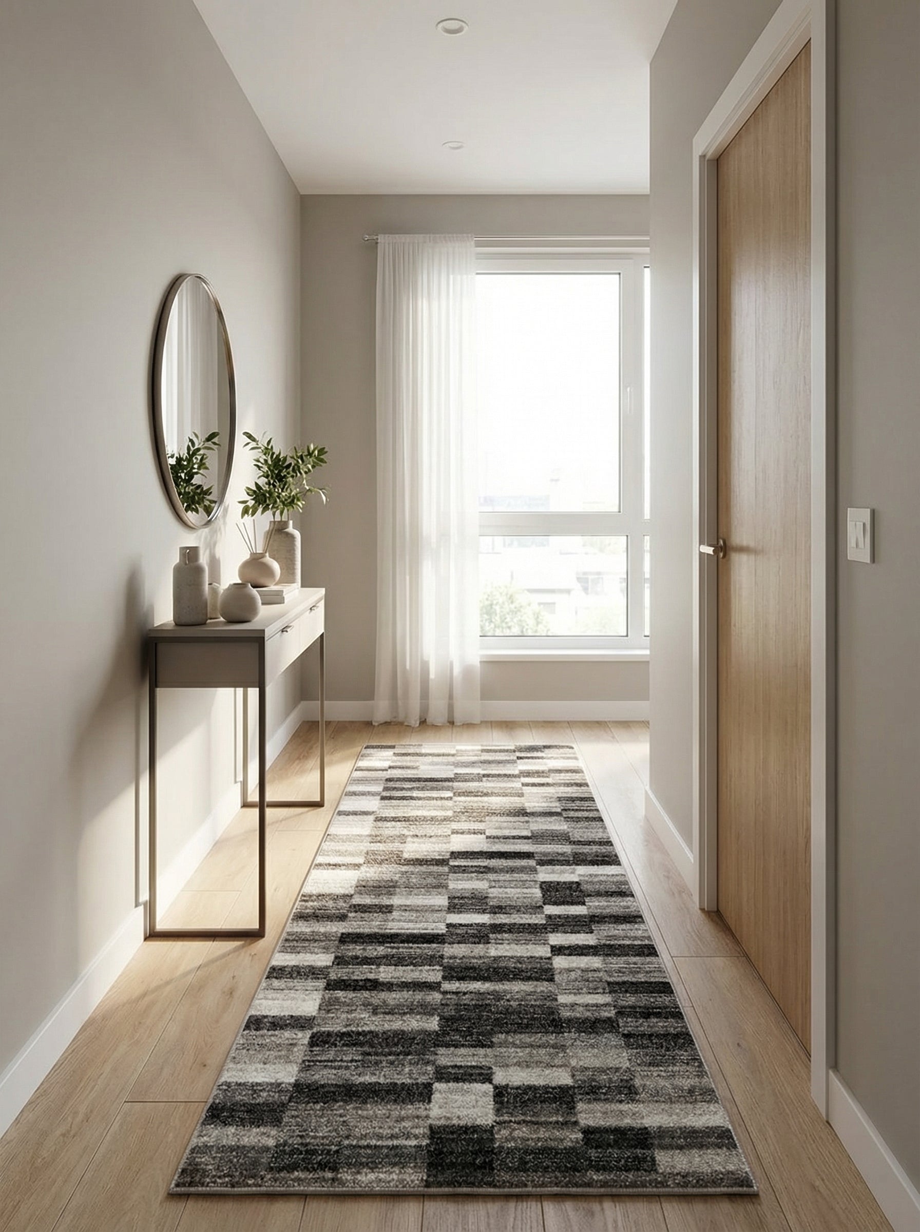 Tapis de couloir rectangulaire à poils courts, aux motifs géométriques noirs, gris et blancs, posé sur un parquet clair dans une entrée moderne