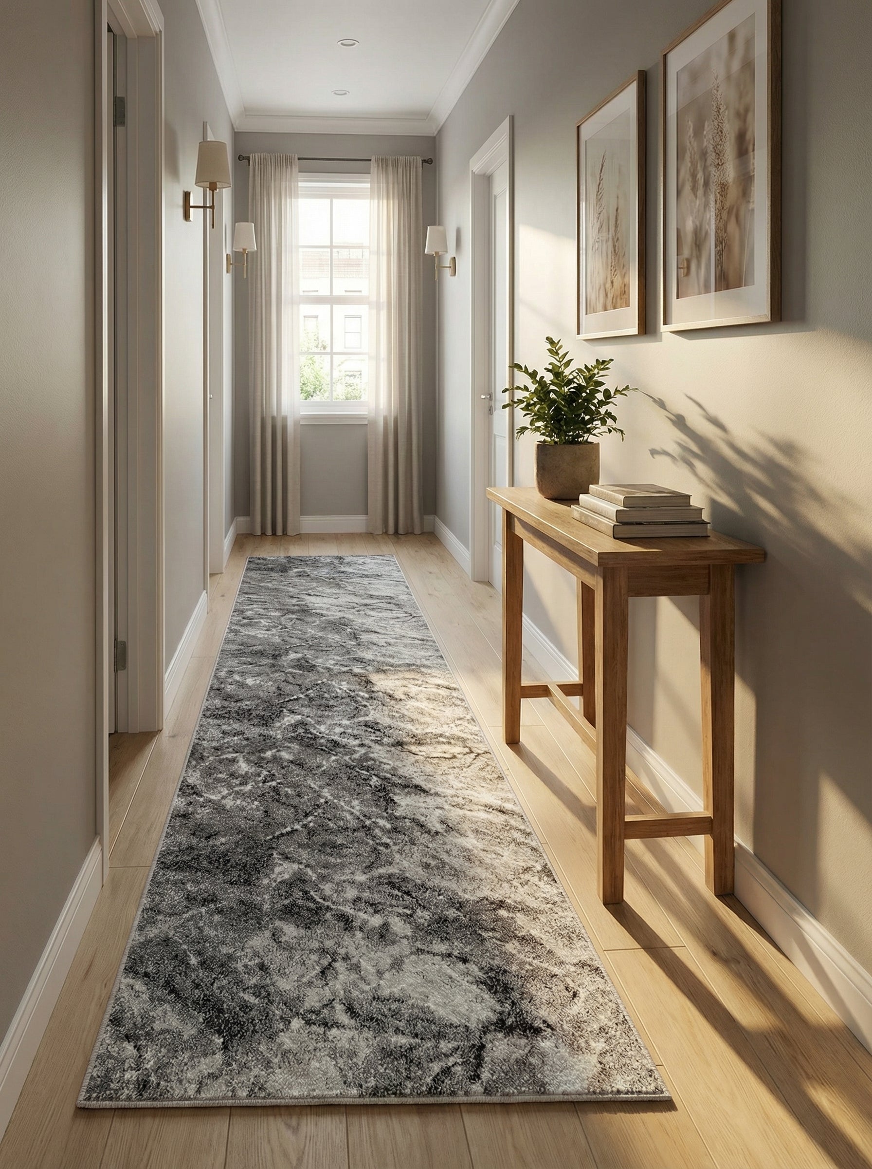 Tapis long de couloir aux motifs abstraits et marbrés de gris anthracite, gris clair et blanc, sur un parquet clair dans un hall d'entrée