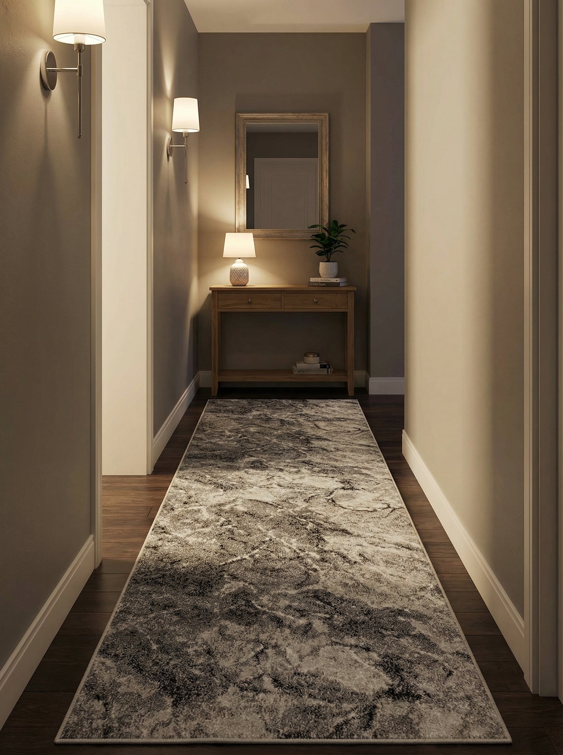 Tapis de couloir rectangulaire aux motifs abstraits gris clair, gris foncé et blanc cassé, posé sur un parquet foncé dans un couloir éclairé