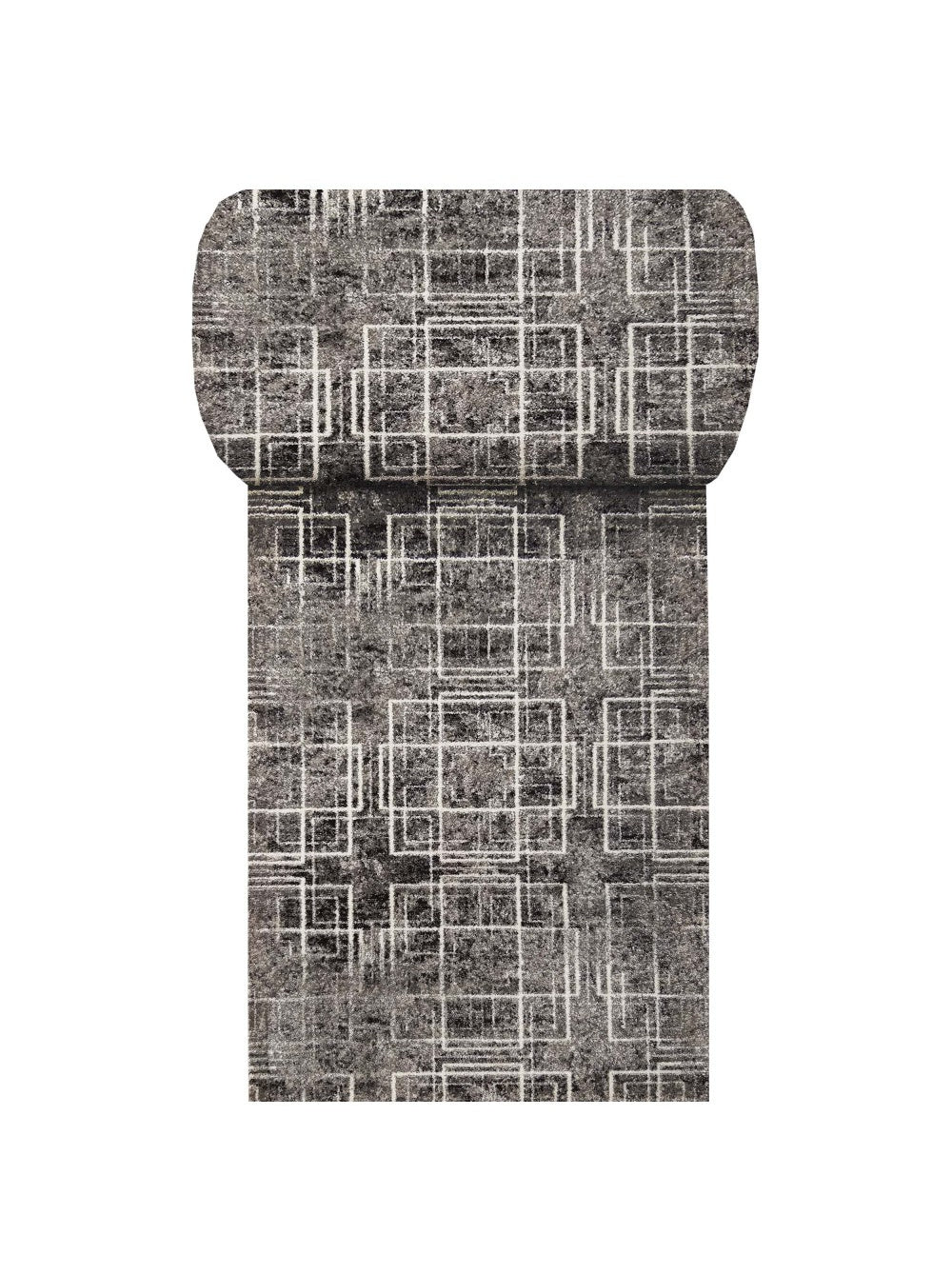 Tapis en matière texturée gris foncé et noir au motif géométrique abstrait de carrés et rectangles blancs entrelacés