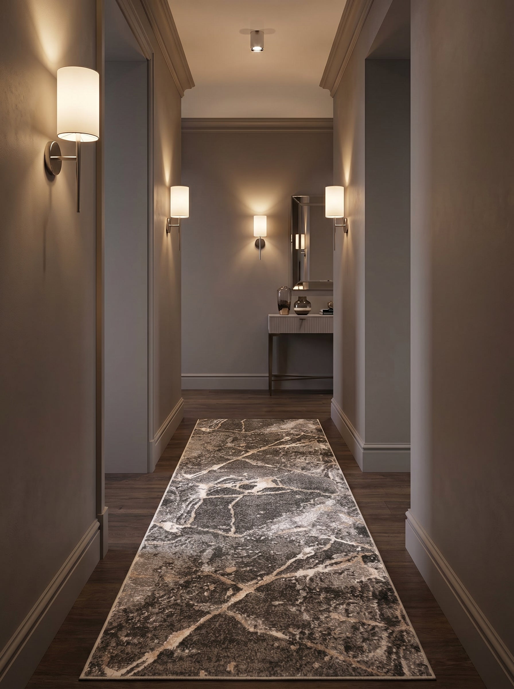 Long tapis de couloir gris anthracite marbré de veines claires, posé sur un parquet sombre dans une entrée chic et éclairée